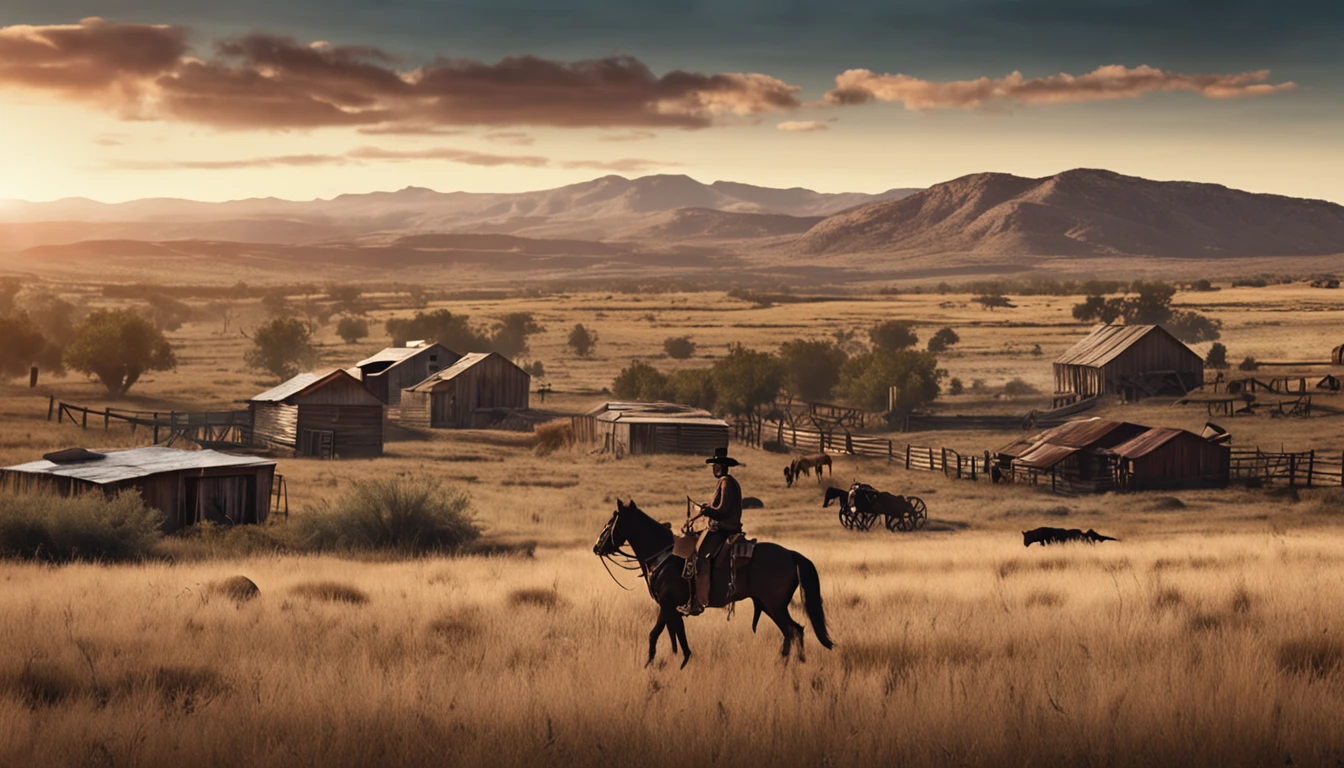 Old West American - Desenho - Seis pistoleiros andam por uma estrada empoeirada no Kansas. - Realistic - Cinematic -- air 16:9