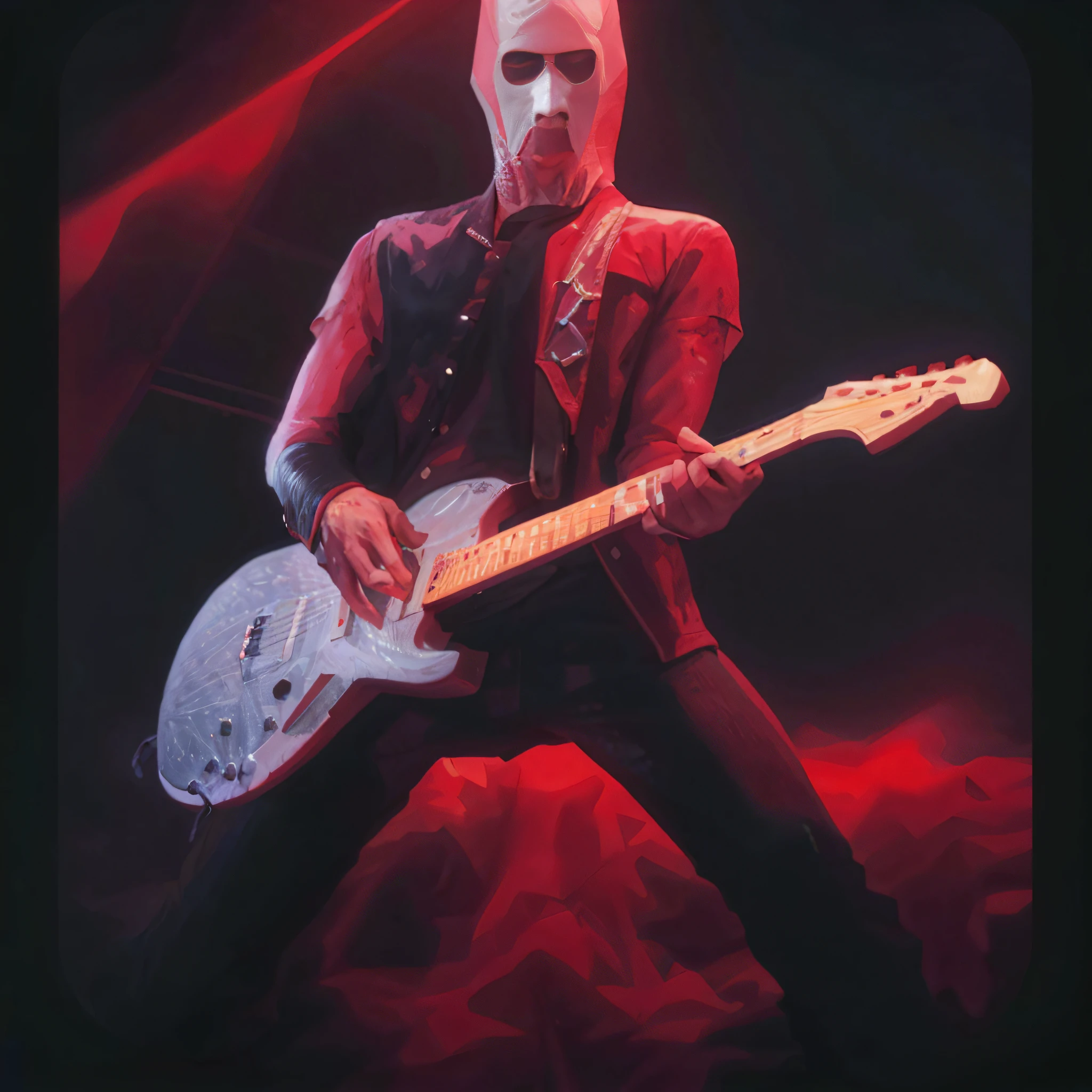Arafeld man playing guitar in a white mask, guitarists, promo art, he is a rockstar, guitar concept art, the guitar player, Album art, playing guitar onstage, Inspired by Sid Barrett, red and cinematic lighting, inspired by Alexander Kanoldt, 3 d render of jerma 9 8 5, darksynth character portrait, bassist, rocking out