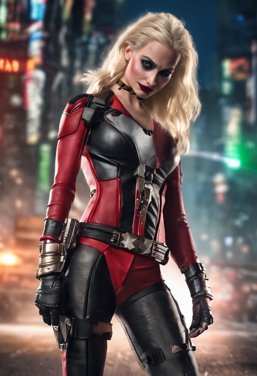 "(8k RAW photo, best quality, masterpiece:1.2) ultra-detailed official art, photo-realistic:1.37, upper body shot, DC harley quinn, beautiful blonde, green eyes, film grain, action pose",perfecteyes