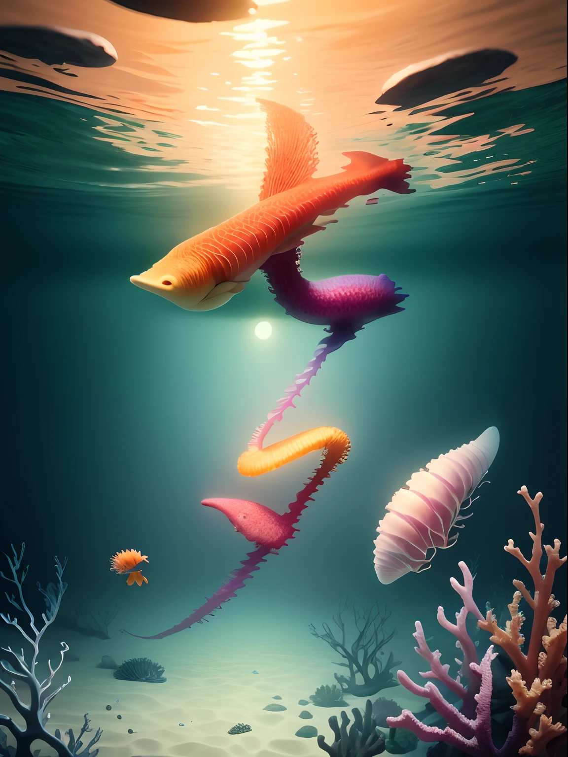 high qulity,tmasterpiece,Hyper-detailing,Beautiful composition,8K,oc rendered,.。.。.。.。.。.。.。.。.3D, The corals,ocean floor,starfish,sea shell,Colorful jellyfish,Colorful pearls
