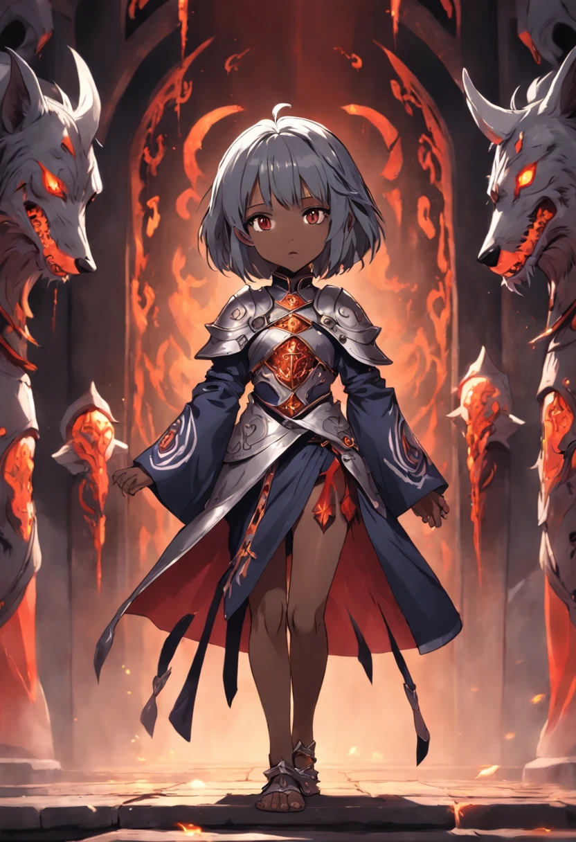 beautiful little girl, armor, robes of hell hound priestess, dark skin, short gray hair,