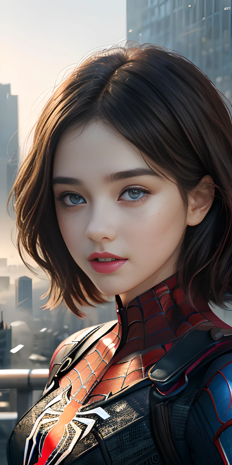 (1girl:1.3), Solo, (((Very detailed face)))), ((Very detailed eyes and face)))), Beautiful detail eyes, Body parts__, Official art, Unified 8k wallpaper, Super detailed, beautiful and beautiful, beautiful, masterpiece, best quality, original, masterpiece, super fine photo, best quality, super high resolution, realistic realism, sunlight, full body portrait, amazing beauty, dynamic pose, delicate face, vibrant eyes, (from the front), She wears Spider-Man suit, red and black color scheme, spider, very detailed city roof background, rooftop, overlooking the city, detailed face, detailed complex busy background, messy, gorgeous, milky white, highly detailed skin, realistic skin details, visible pores, clear focus, volumetric fog, 8k uhd, DSLR, high quality, film grain, fair skin, photo realism, lomography, futuristic dystopian megalopolis, translucent