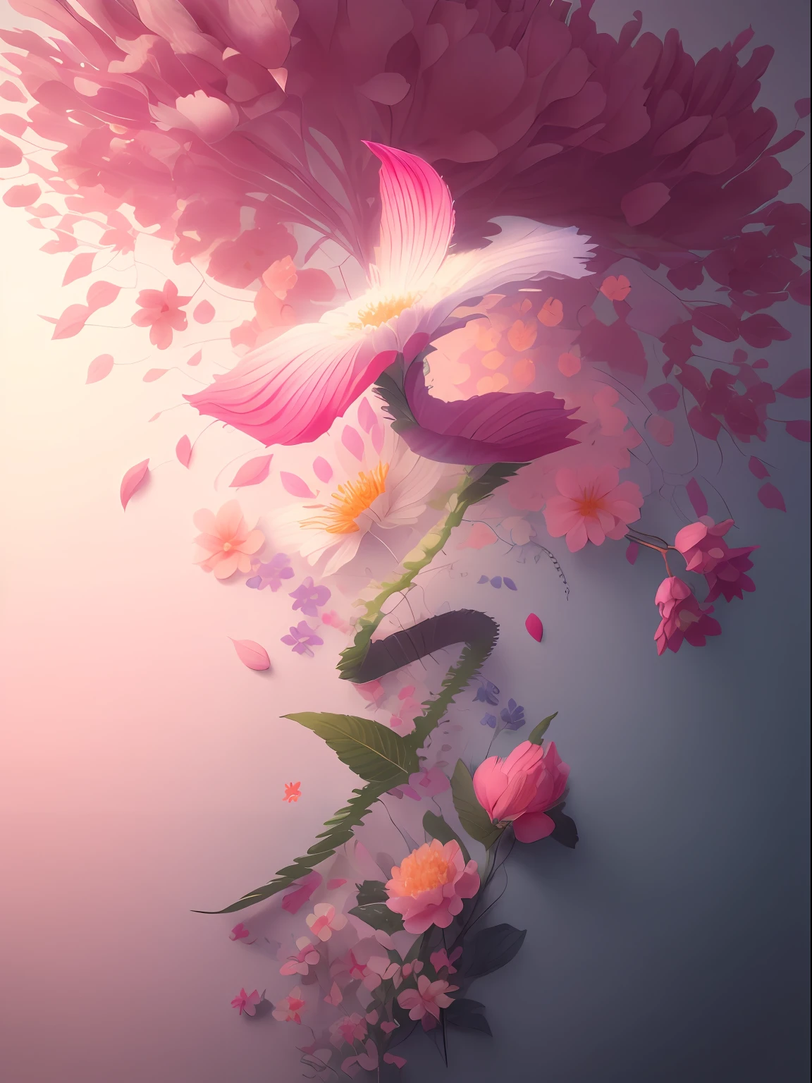 high qulity，tmasterpiece，Hyper-detailing，Beautiful composition，8K，oc rendered，.。.。.。.。.。.。.。.3D,  Pink petals，Plant leaves entangled，one color background