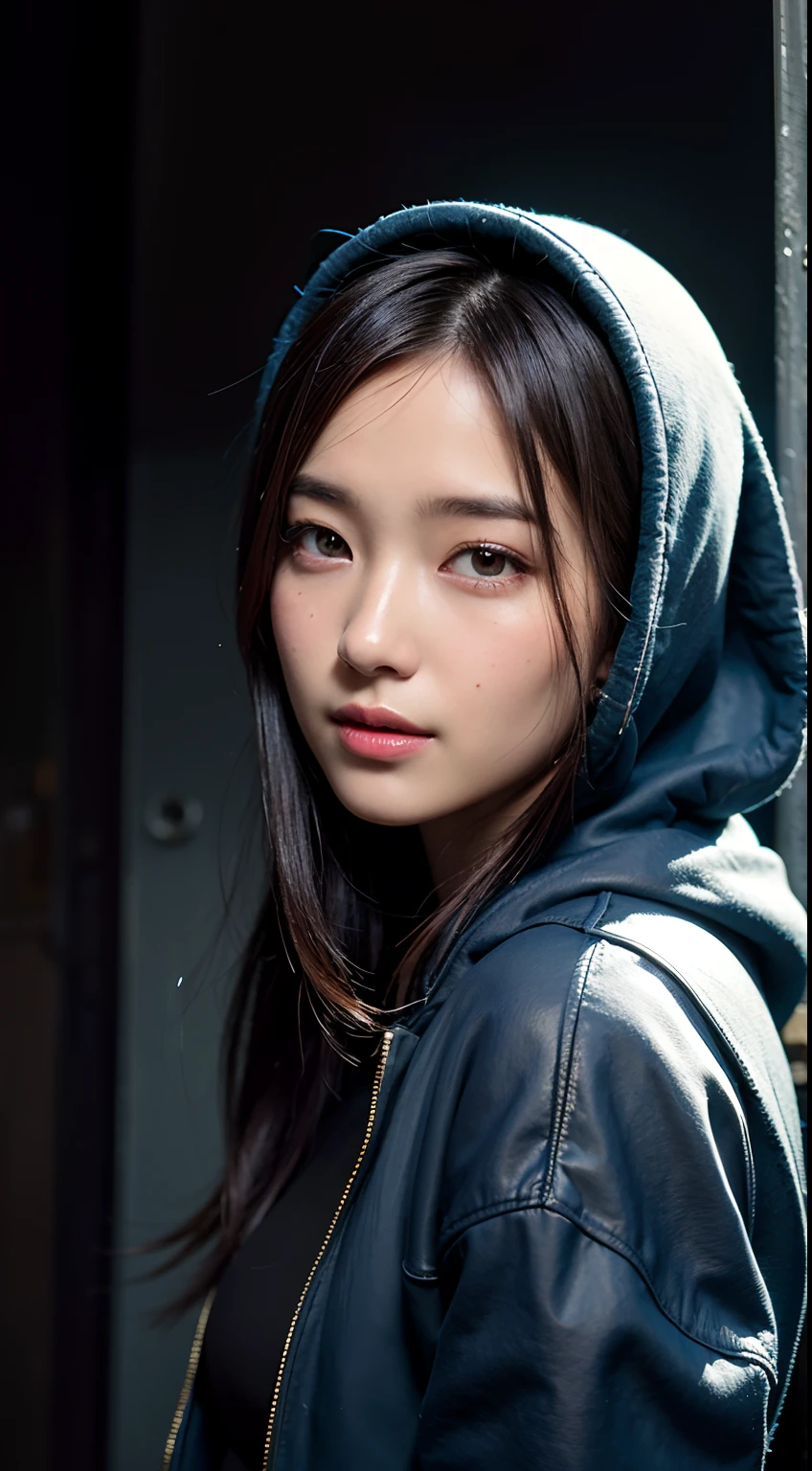 8k, best quality, masterpiece, realistic, ultra detail, photo realistic, hyper realistic, smoother lighting, increase cinematic lighting quality, realistic lighting, backlighting, brightening light, Increase quality, best quality real texture skin,
close-up, slender, cute face, smile, beautiful details eyes, 19years old korean, pretty, Drill hair with electric blue color, hood,