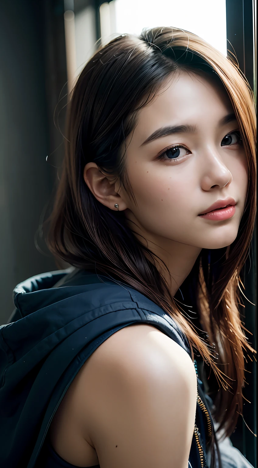 8k, best quality, masterpiece, realistic, ultra detail, photo realistic, hyper realistic, smoother lighting, increase cinematic lighting quality, realistic lighting, backlighting, brightening light, Increase quality, best quality real texture skin, 
close-up, slender, cute face, smile, beautiful details eyes, 19years old korean, pretty, Drill hair with electric blue color, hood,