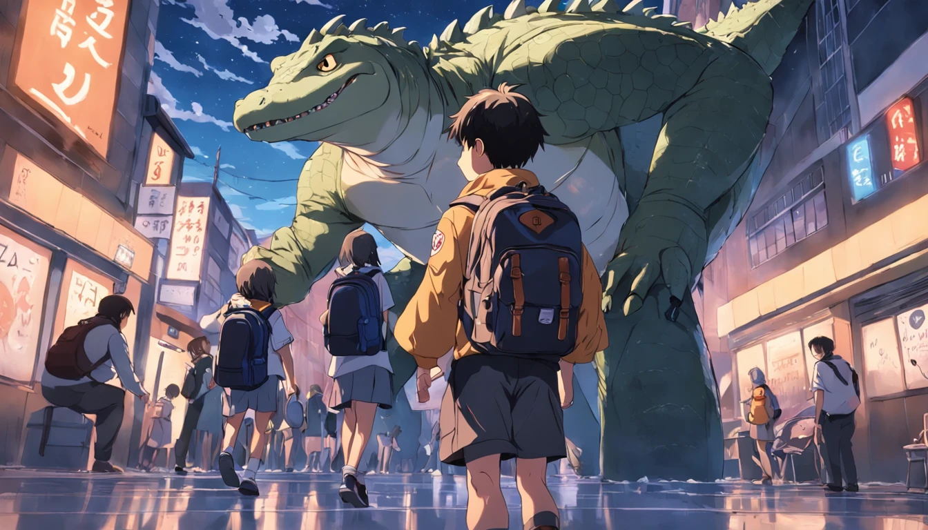 um , Garolo with backpack created by alligators in high school , na escola , escola , escola , childrens , estudando , desenho anime