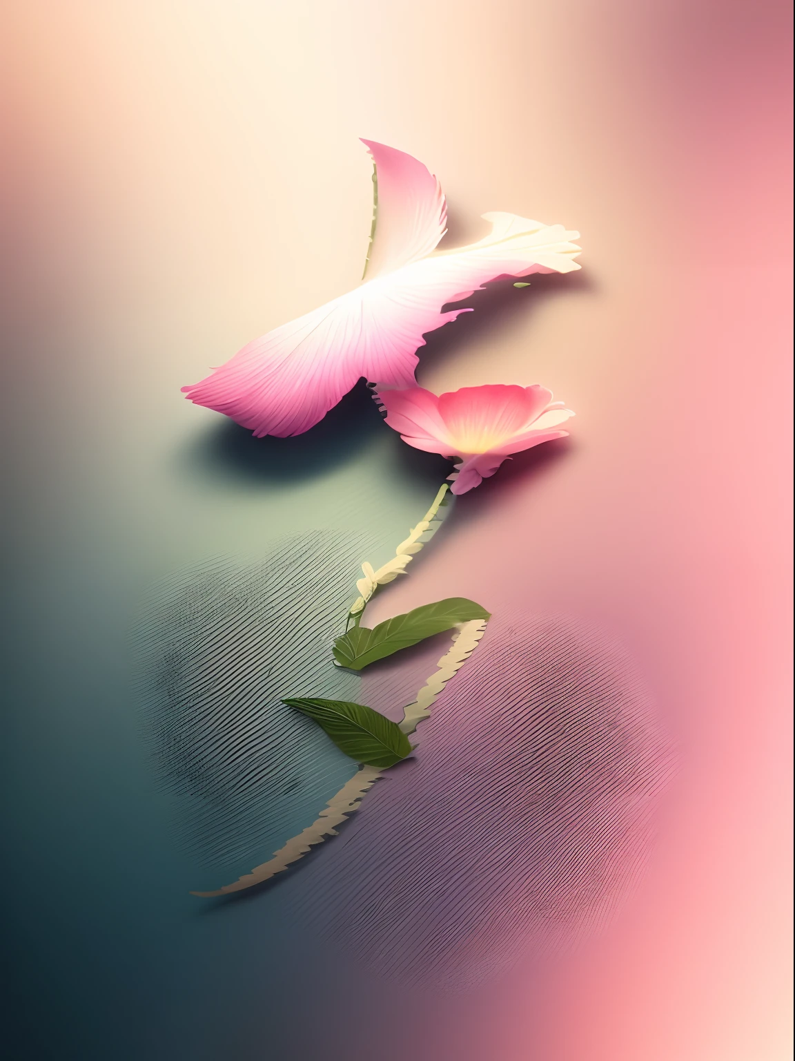 high qulity,tmasterpiece,Hyper-detailing,Beautiful composition,8K,oc rendered,.。.。.。.。.。.。.3D, Pink petals,Plant leaves entangled,one color background