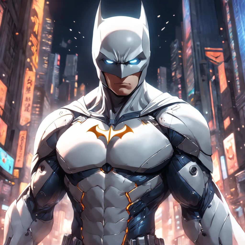 A realistic depiction of an advanced cyber suit-wearing white Batman.
