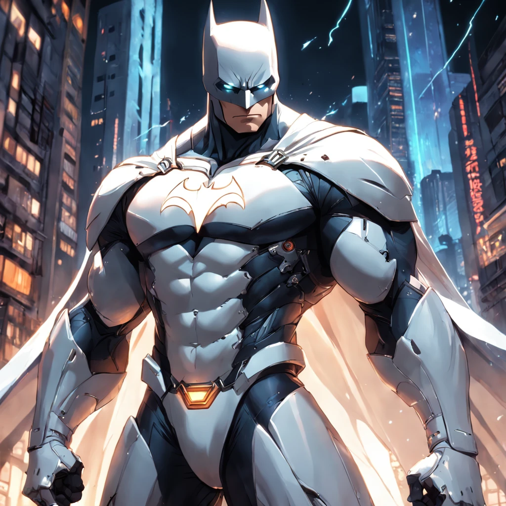 A realistic depiction of an advanced cyber suit-wearing white Batman.