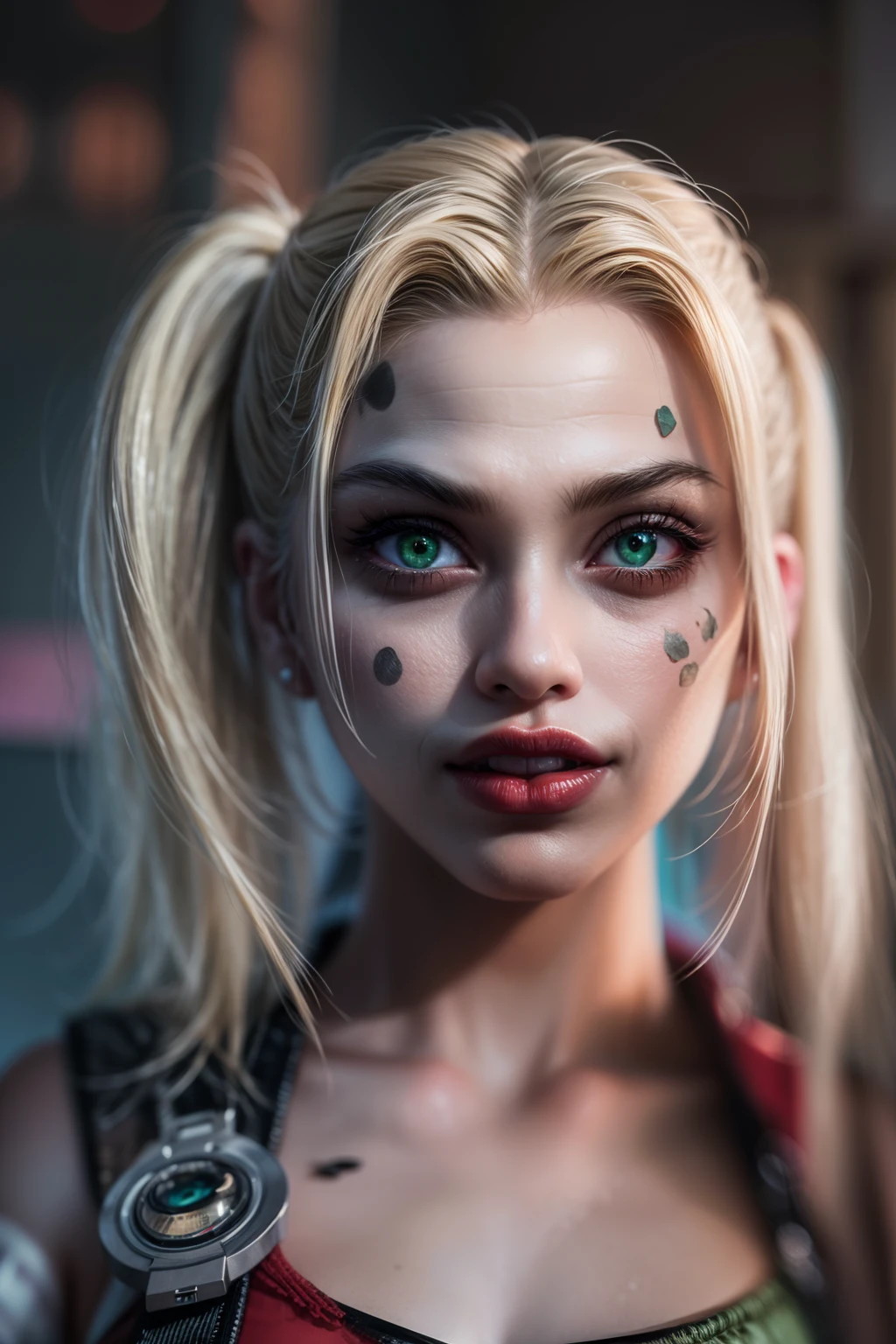 "(8k RAW photo, best quality, masterpiece:1.2) ultra-detailed official art, photo-realistic:1.37, upper body shot, DC harley quinn, beautiful blonde, green eyes, film grain, action pose",perfecteyes