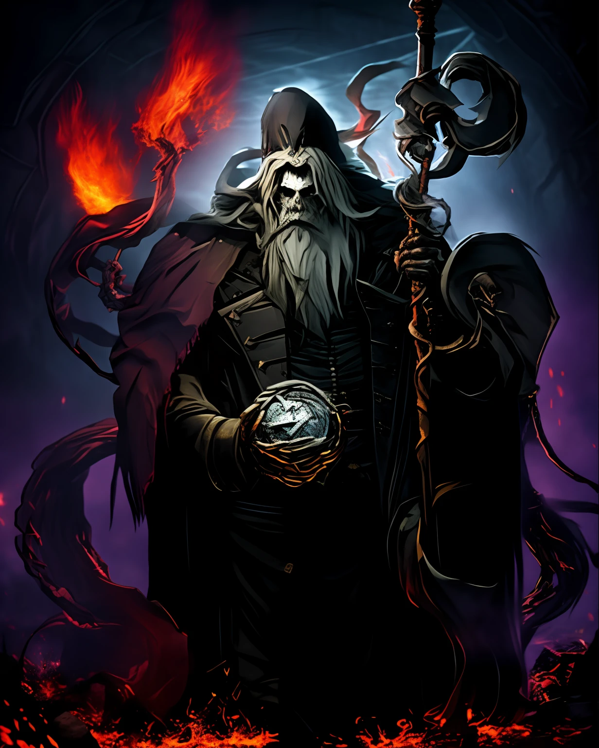 : A malevolent RPG character, a dark magician shrouded in black robes, long white beard billowing, wields a twisted staff emitting sinister energy. Eyes ablaze with power, he conjures dark magic. Colors of deep purples, blacks, and fiery reds engulf the scene.

As his incantation echoes, graves rupture open. The dead emerge, rotted and skeletal, eyes aglow. Moonlight casts an eerie pallor. Atmosphere drips with dread as the necromancer's evil reigns, blurring the line between life and death. Digital illustration captures these chilling moments.