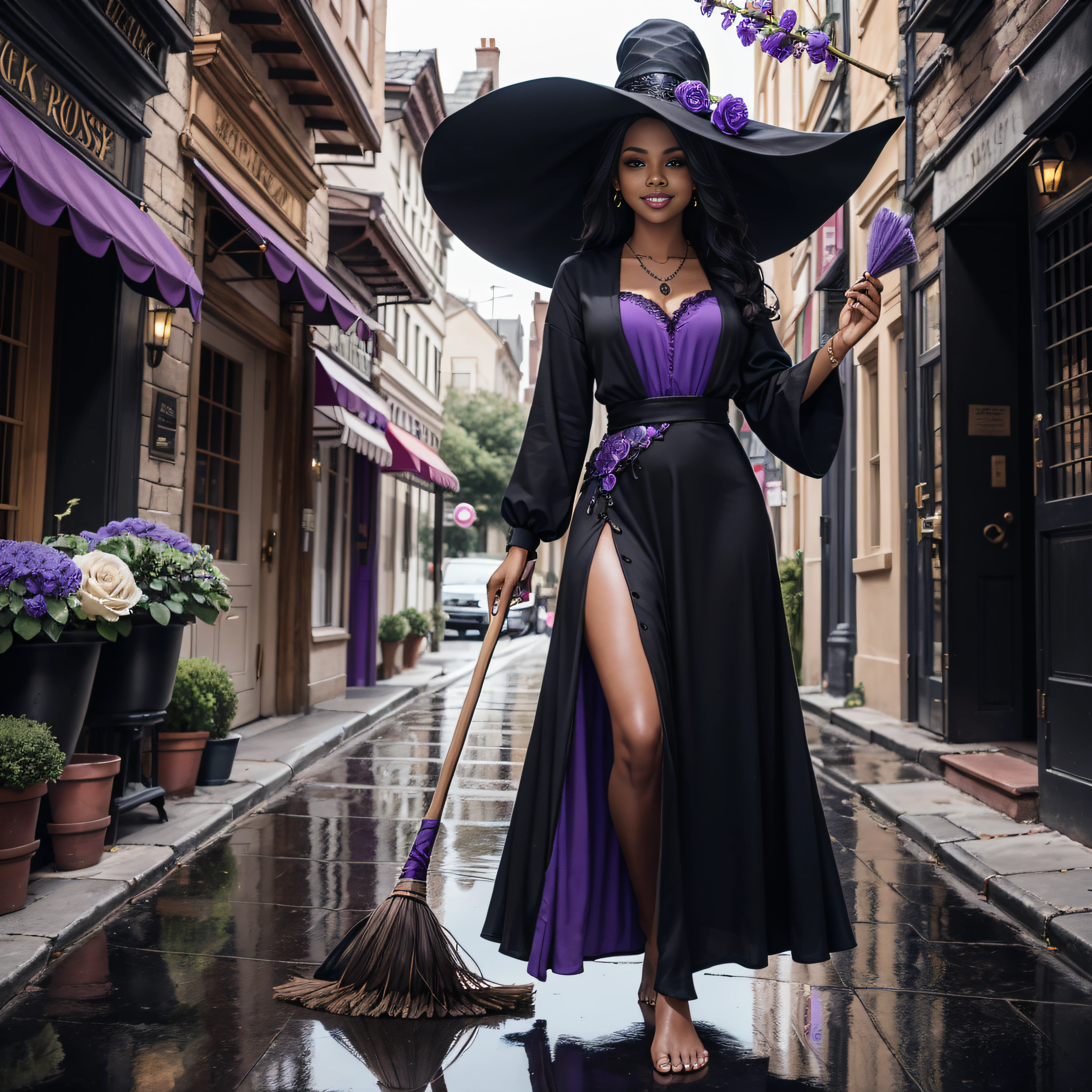 Beautiful black woman, full body image, detailed face, seductive smile, wide brimmed hat with a purple flower, long black witch style dress with purple sparkly details, in one hand a black rose the other hand a beautiful broom, bare feet, necklace bright purple, street crossroads background, with a broom behind her.