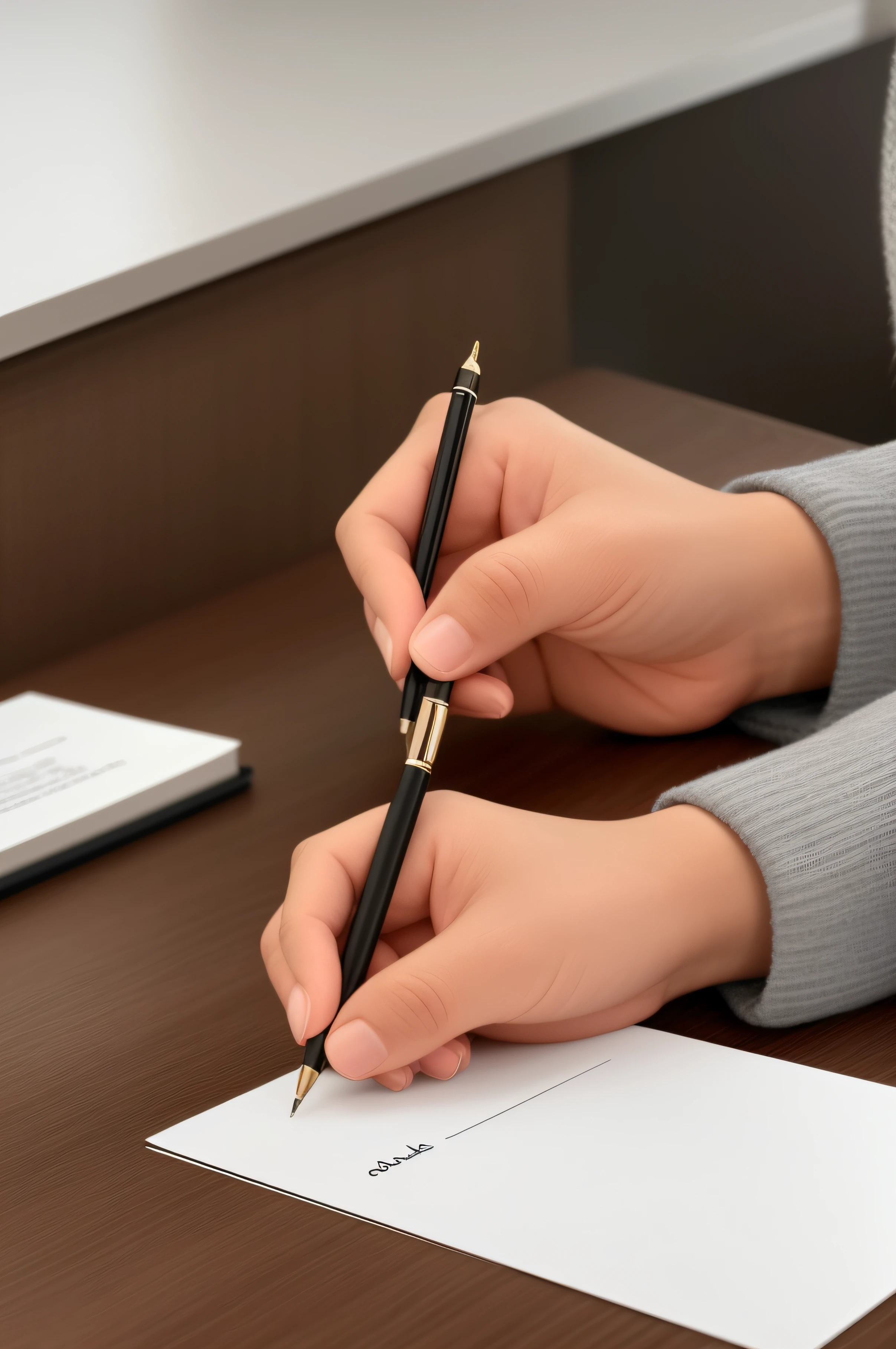 someone is writing on a piece of paper with a pen, Assinar um projeto de lei, Foto profissional detalhada, feito profissionalmente, escrever uma carta, profissionalmente detalhado, papel e caneta, writing on a clipboard, miniatura, Detalhes ricos, alta resolução, cuidadosamente desenhado, Res:, Detalhe excepcional, hand on table, fundo interessante, artist's interpretation, arredores detalhados