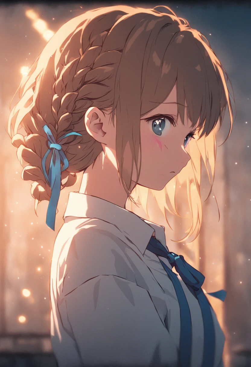 A female teacher wearing a short-cut Y-shirt with braids and blue ribbons over her ears with gentle golden eyes and pale brown hair, and a thin ribbon on her chest