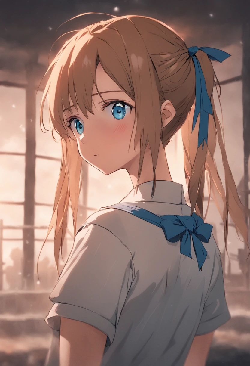 A female teacher wearing a short-cut Y-shirt with braids and blue ribbons over her ears with gentle golden eyes and pale brown hair, and a thin ribbon on her chest