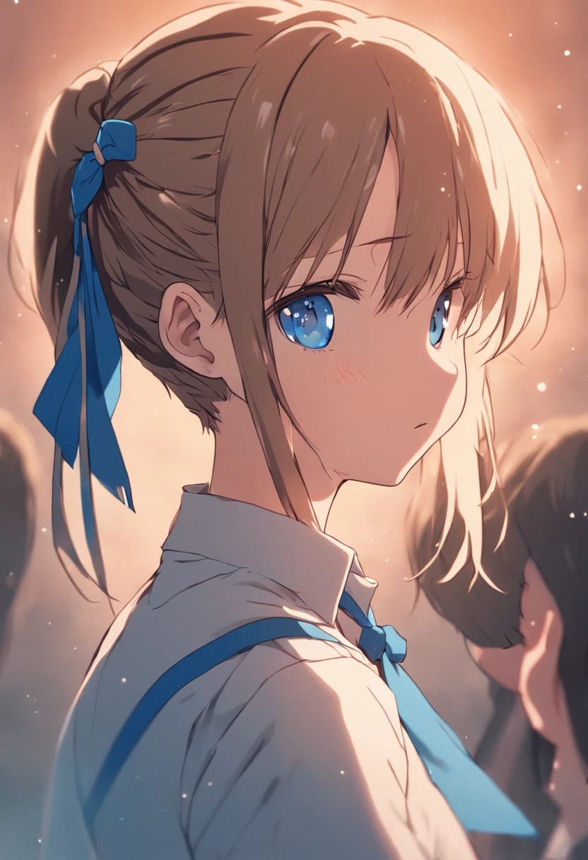 A female teacher wearing a short-cut Y-shirt with braids and blue ribbons over her ears with gentle golden eyes and pale brown hair, and a thin ribbon on her chest