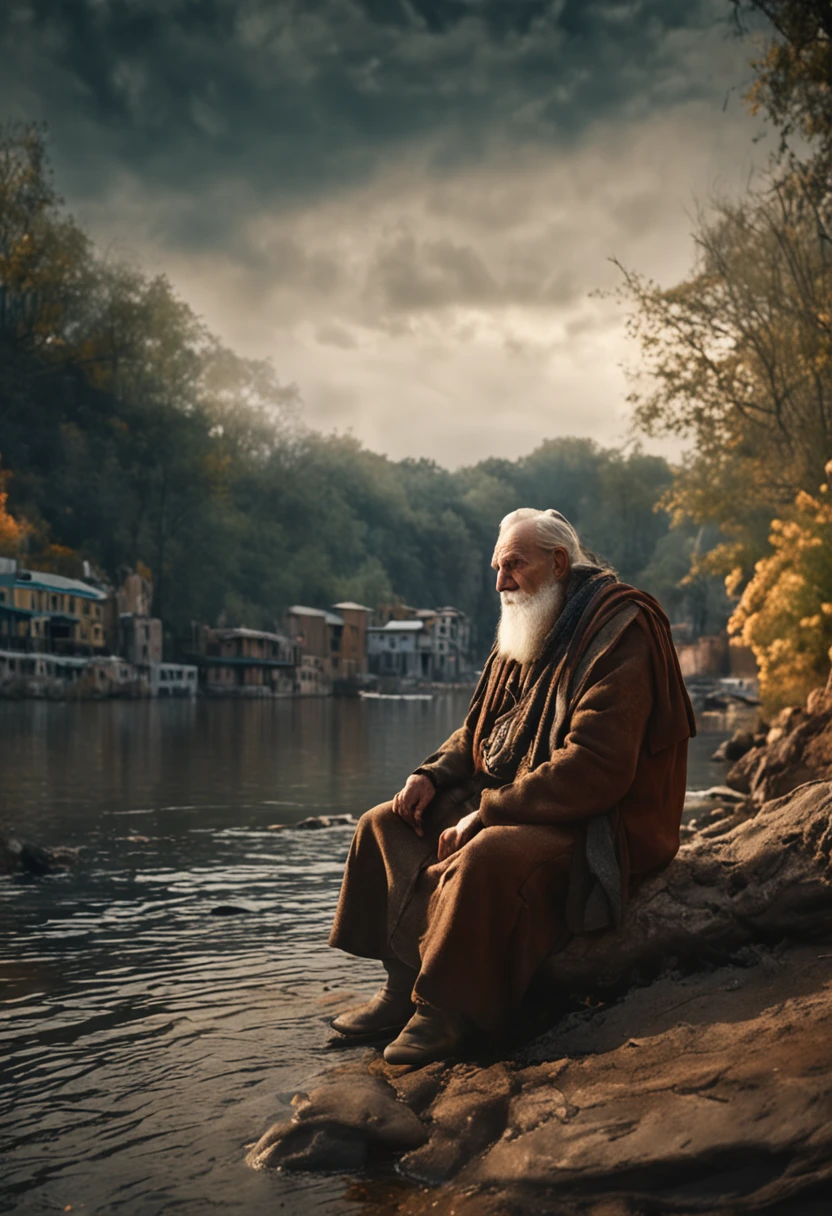 An image of Old Simeon sitting by a river, surrounded by attentive people as he tells ancient stories. realistic

Man resembling Old Simeon biblical character aged 90, sitting by a river, dark photo: epic realistic, soft cinematic portrait, adobe lightroom, photo lab, highly detailed, faded, art by greg rutkowski and artgerm ,neutral colors: 1.2), (hdr: 1.4) , (soft colors:1. 2), hyperdetailed, (artstation:1.4), cinematic, warm lights, dramatic light, (intricate details:1.1), complex background, (rutkowski:0.66), (blue and orange:0.4) --auto --s2