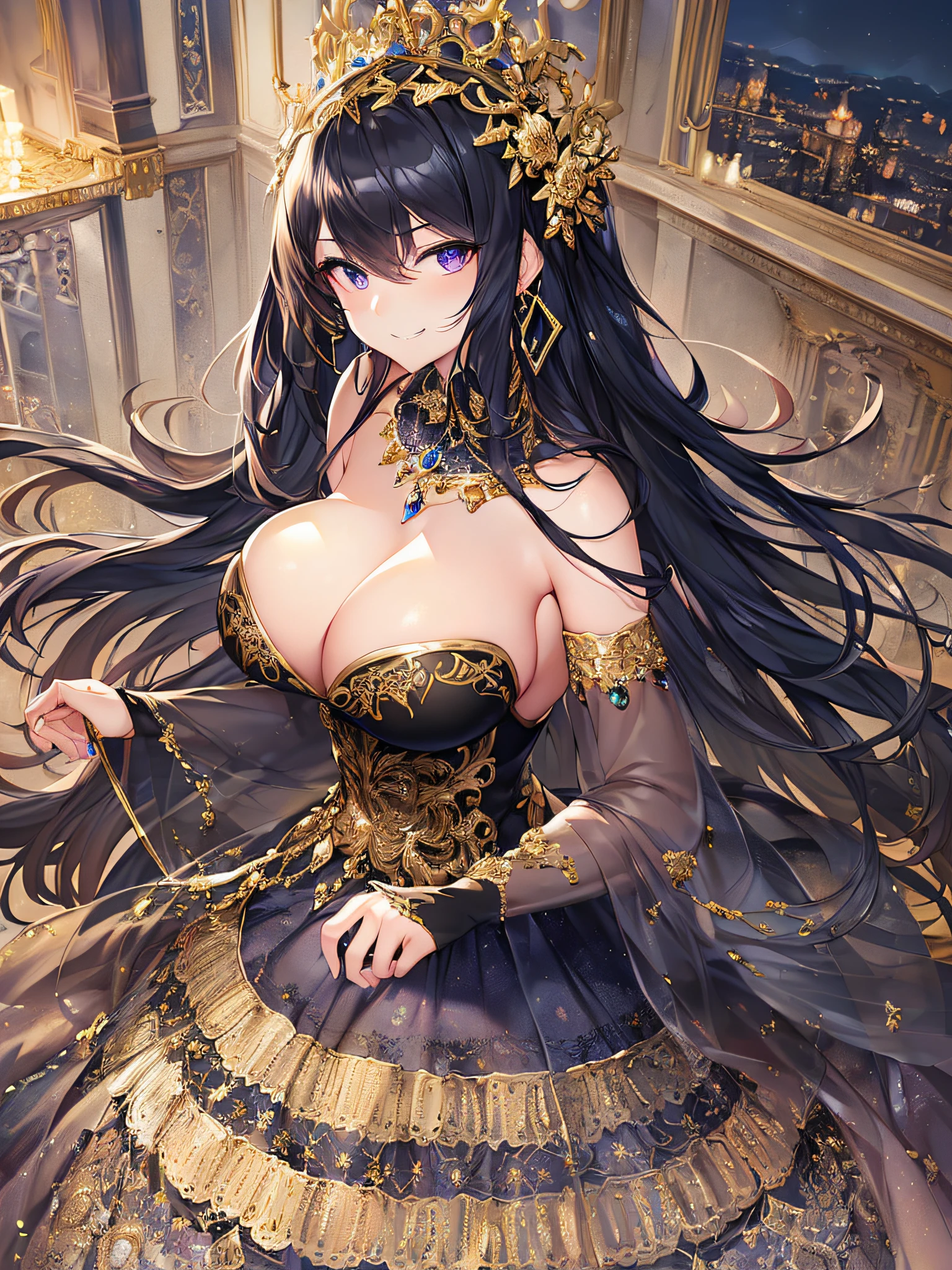 ((anime artstyle)),(Masterpiece),(Best Quality),(Super Detail),(Very Delicate and Beautiful),Solo,((full body)),from above,BlingBling,(standing in the balcony,Overlooking a detailed night view,outdoor),((1 arrogant princess in beautiful embroidery black and gold gorgeous rococo ballgown with voluminous full length hoop skirt)),(crinoline),gorgeousfull embroidery,Long train,((arrogant,haughty)),(((arrogant smile))),Sharp eyes,(gorgeous gemstone jewelry),detailed face and eyes,jewel-like eyes,Purple eyes,(Bangs between eyes),((large amount of straight hair,extremely Long voluminous black Hair)),((gigantic tits,Long tits)),gorgeousfull embroidery,cleavage,extremely gorgeousfull hair ornament,(bling-bling extremely gorgeousfull jeweled tiara),gorgeous corsage,(Dynamic Angle),Looking at viewer,((full body)),outdoor,((beautiful embroidery black and gold gorgeous rococo ballgown with voluminous full length hoop skirt))