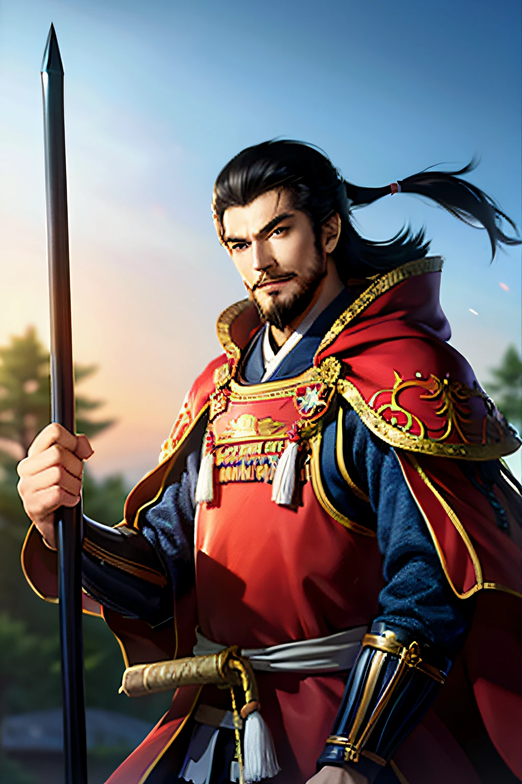 (8k, RAW Photos, top-quality, hight resolution:1.2), (realisitic, Photorealsitic:1.37) , japanese male, japanes, cape, s Armor, arma, 独奏, 1 Boy, gold, male_focus, cape, s Armor、ngel、独奏、cana、spear、facial hairs、Holding pole arm、Keep the weapon、独奏、Military general、Sengoku、fights、samurais、Beardless