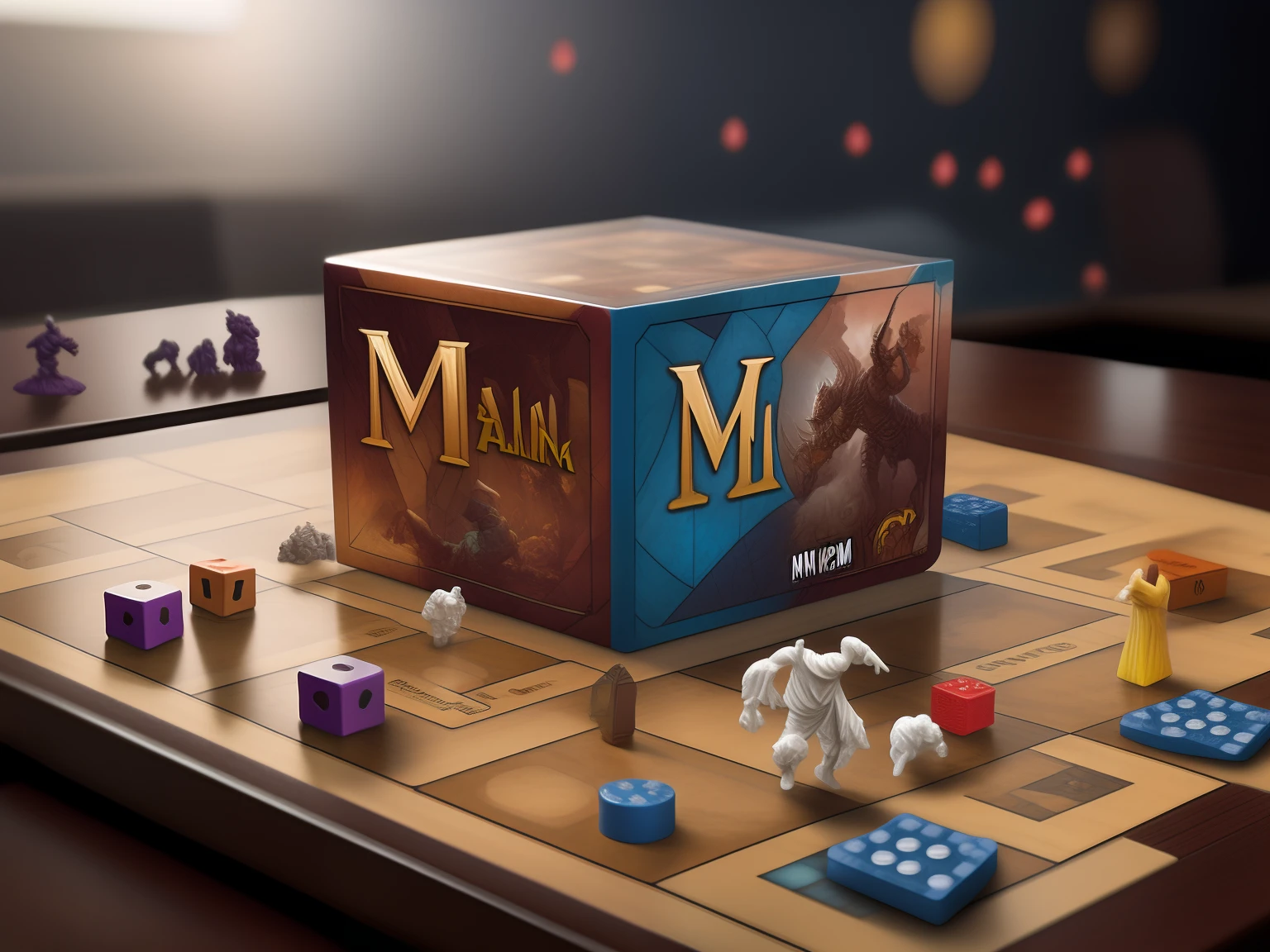 Caixa com nome da marca MM Board Games, em baixo miniaturas e tokens de jogos de tabuleiros.