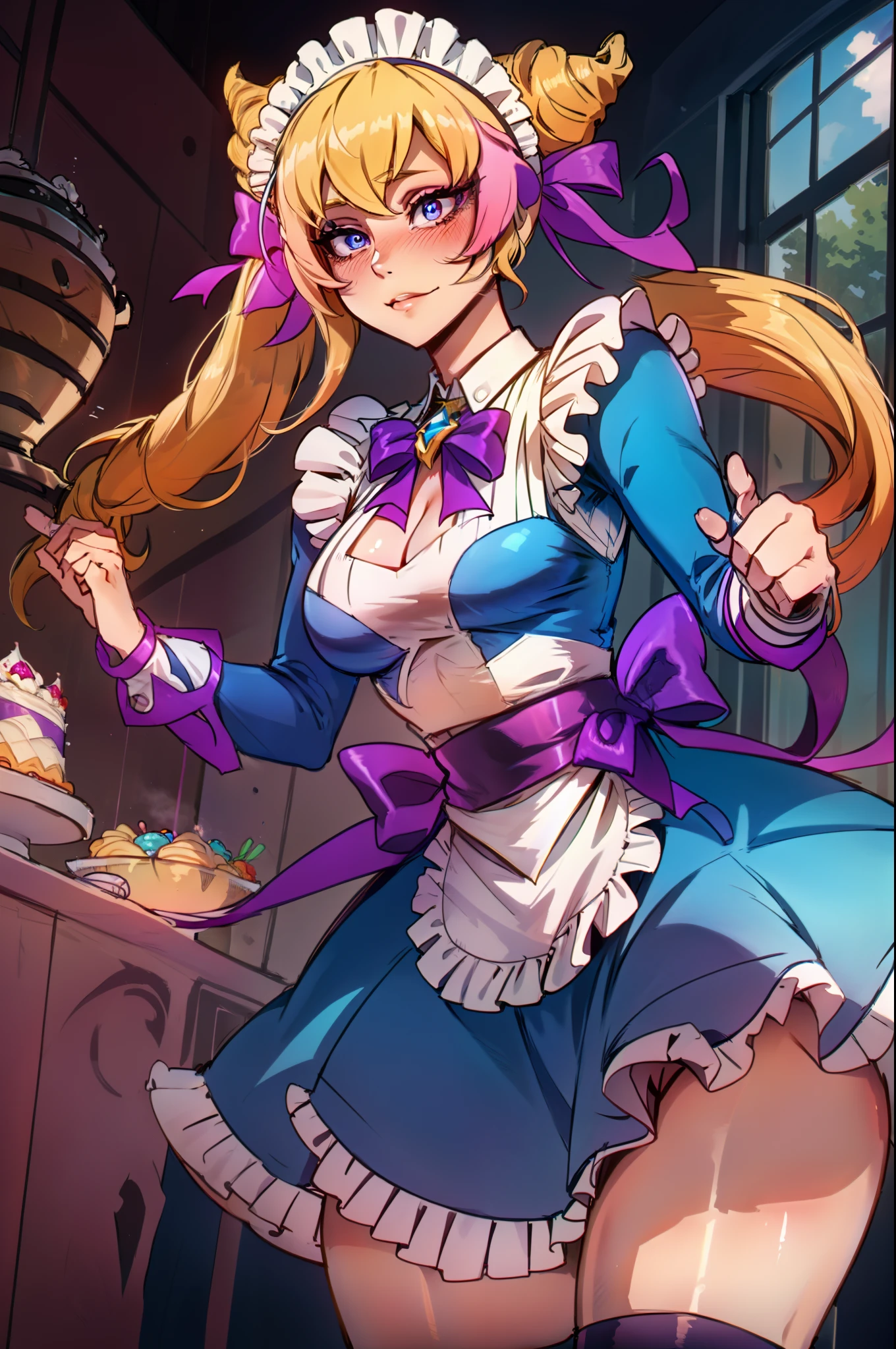 detailed cafe background, masterpiece, best quality, Cafe_Cuties_Gwen,1girl, multicolored hair, blonde hair with pink streaks, purple bowtie, drill hair, twin drills, bangs, long sleeves, maid headdress, maid apron, frills, ribbon, blue sleeve, pastel blue apron, cute maid outfit, sexy, master piece, best quality, adult, blue star symbol-shaped_pupils, serving a cake