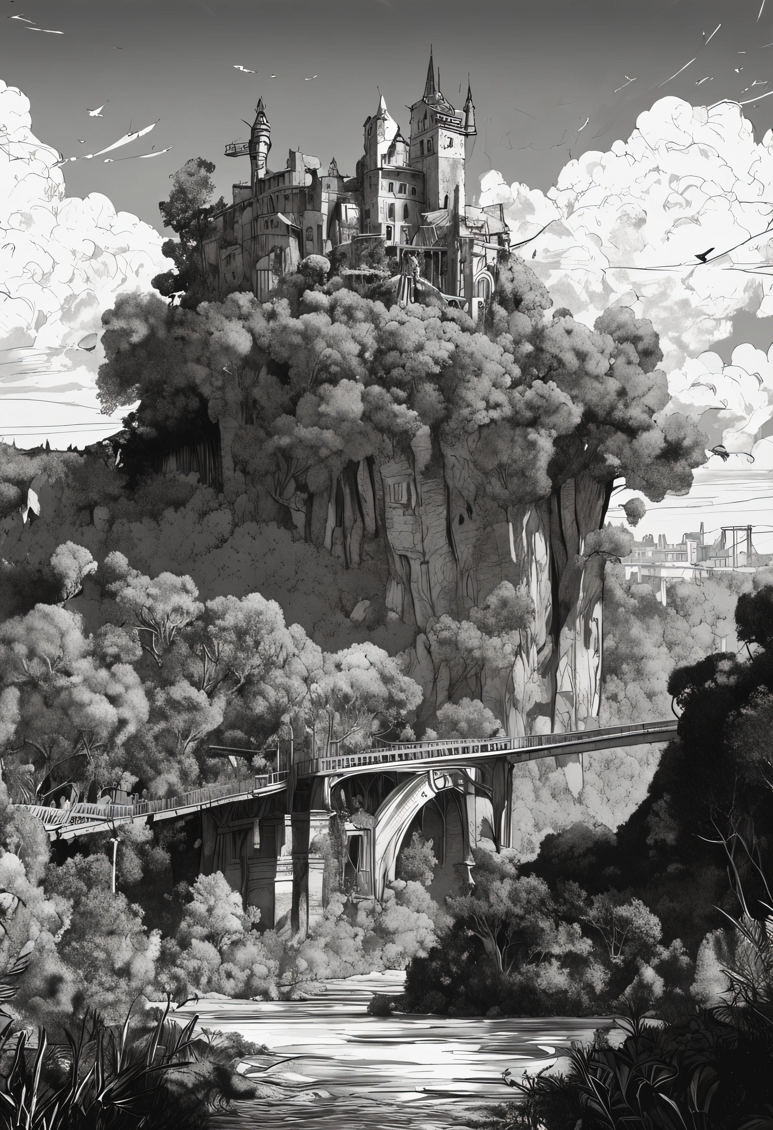 paysage fantastique, Nausicaa, rivers and waterfalls, suspension bridge mixed with vegetation, Ruined castle in the foreground, (Uneven terrain:1.6), (Colorful fungal houses recovered: 1.5), (buissons moelleux: 1.1), vent, Cumulonimbus Cloud, cirrus, thick silhouette, silhouette pointue, extreme details, 8k, UHD, grain du film, Black and white ink drawing