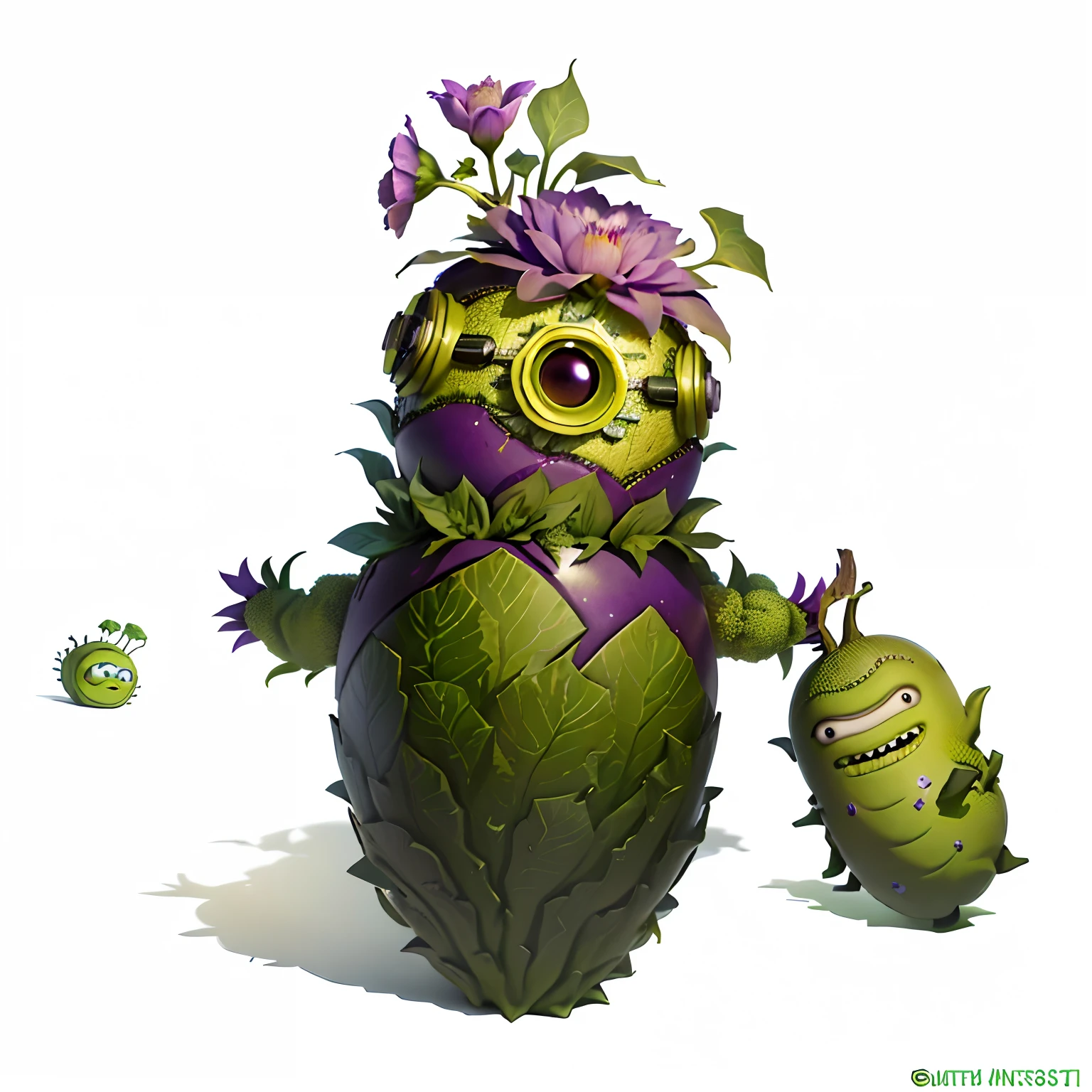 Close-up of eggplant with flowers on the head, Anthropomorphic eggplant, Robot eggplant design, plant monster, Made from eggplant, plant monster, pickle rick, Aubergine, exotic plants, 《Rick and Morty》Kimchi Rick, rick and morty pickle rick, minion as lovecraft's monster, flowerpunk, depicted as a 3 d render