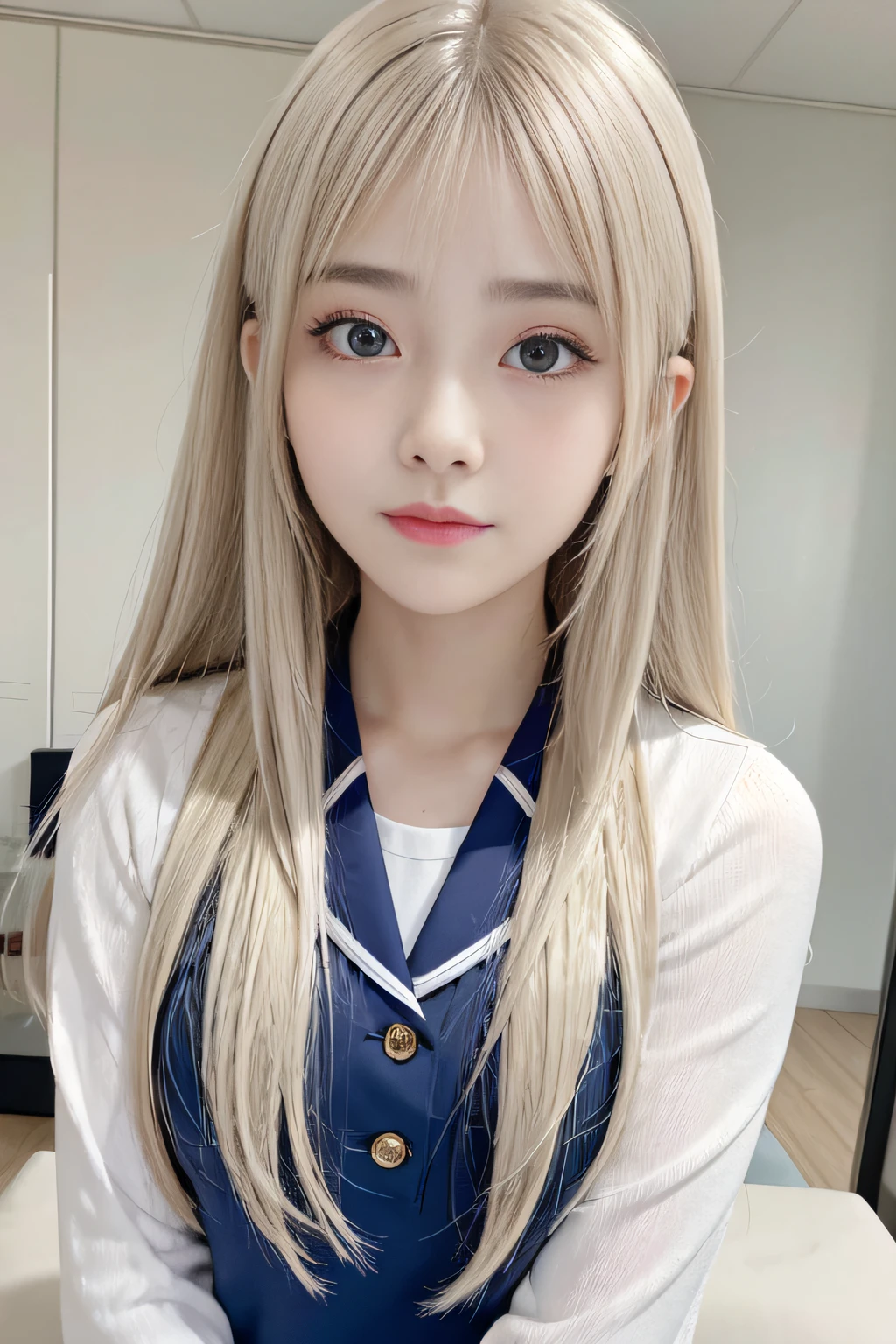 Polate、School Uniforms、bright expression、poneyTail、young and shiny white shiny skin、Best Looks、Gold reflects light、Platinum Blonde Hair,shining brightly、shiny light hair,、Super long silky straight hair、Beautiful bangs that shine、Glowing big blue eyes,Crystal clear,魅惑的、Very nice and nice 16 year old girl、Lush bust
