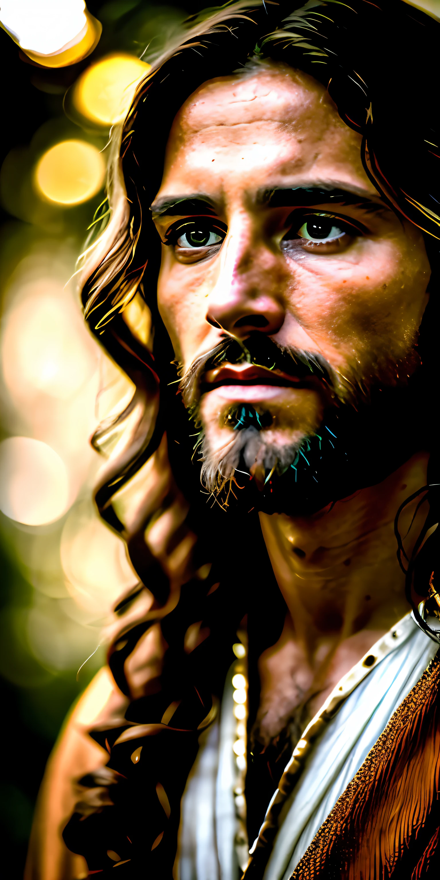 portrait of Jesus Christ cinematic lighting, profundidade de campo, Bokeh, Realismo, fotorrealista, hiper-realismo, fotografia profissional, UHD, DSLR, HDR olhando para nos