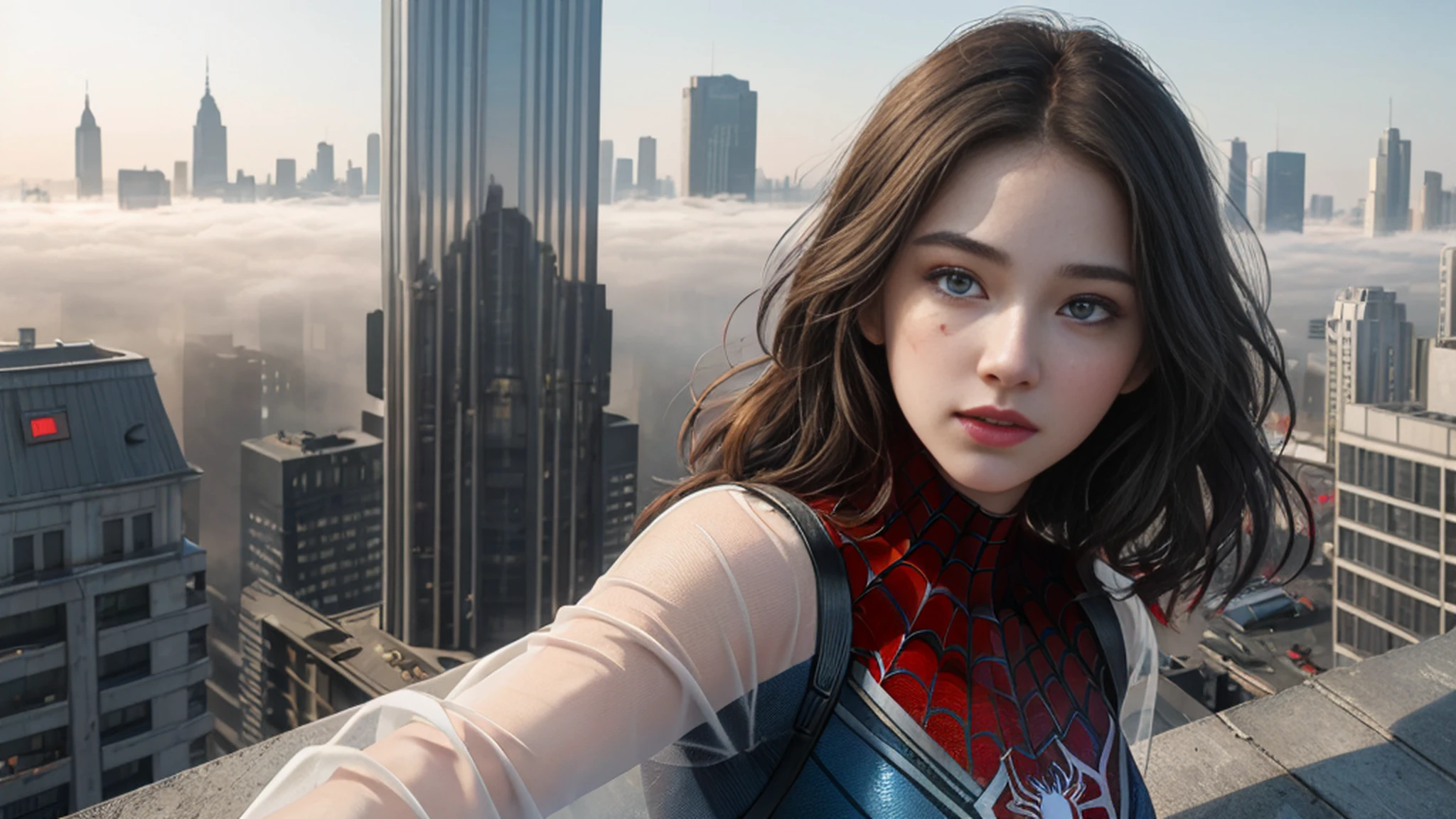 (1girl:1.3), Solo, (((Very detailed face)))), ((Very detailed eyes and face)))), Beautiful detail eyes, Body parts__, Official art, Unified 8k wallpaper, Super detailed, beautiful and beautiful, beautiful, masterpiece, best quality, original, masterpiece, super fine photo, best quality, super high resolution, realistic realism, sunlight, full body portrait, amazing beauty, dynamic pose, delicate face, vibrant eyes, (from the front), She wears Spider-Man suit, red and black color scheme, spider, very detailed city roof background, rooftop, overlooking the city, detailed face, detailed complex busy background, messy, gorgeous, milky white, highly detailed skin, realistic skin details, visible pores, clear focus, volumetric fog, 8k uhd, DSLR, high quality, film grain, fair skin, photo realism, lomography, futuristic dystopian megalopolis, translucent