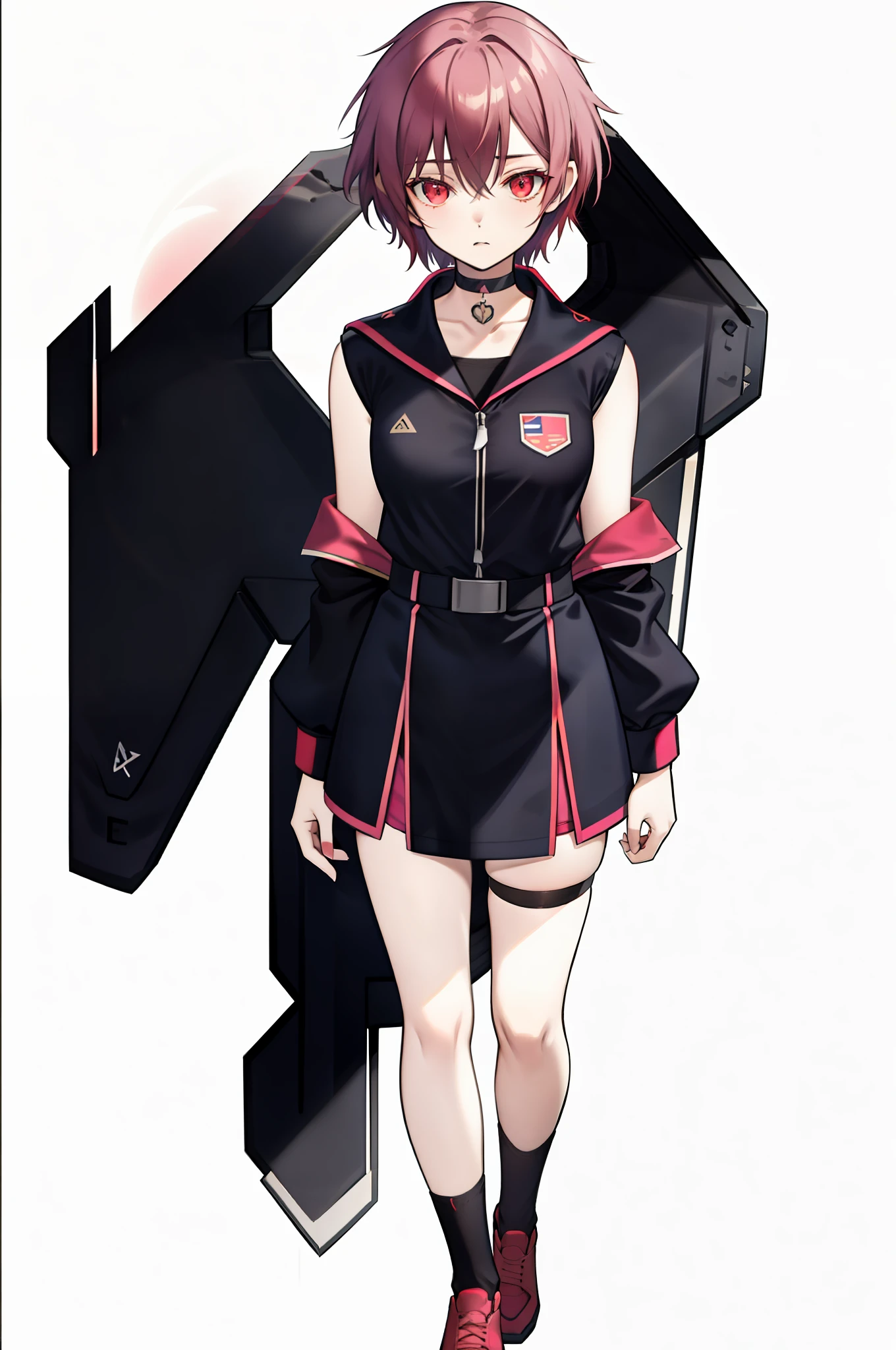 American tomboy girl, pink-red short hair, black choker necklace, black long sock, us airforce clothes, sexy, 2 F22 raptor wing, red eye, mecha girl