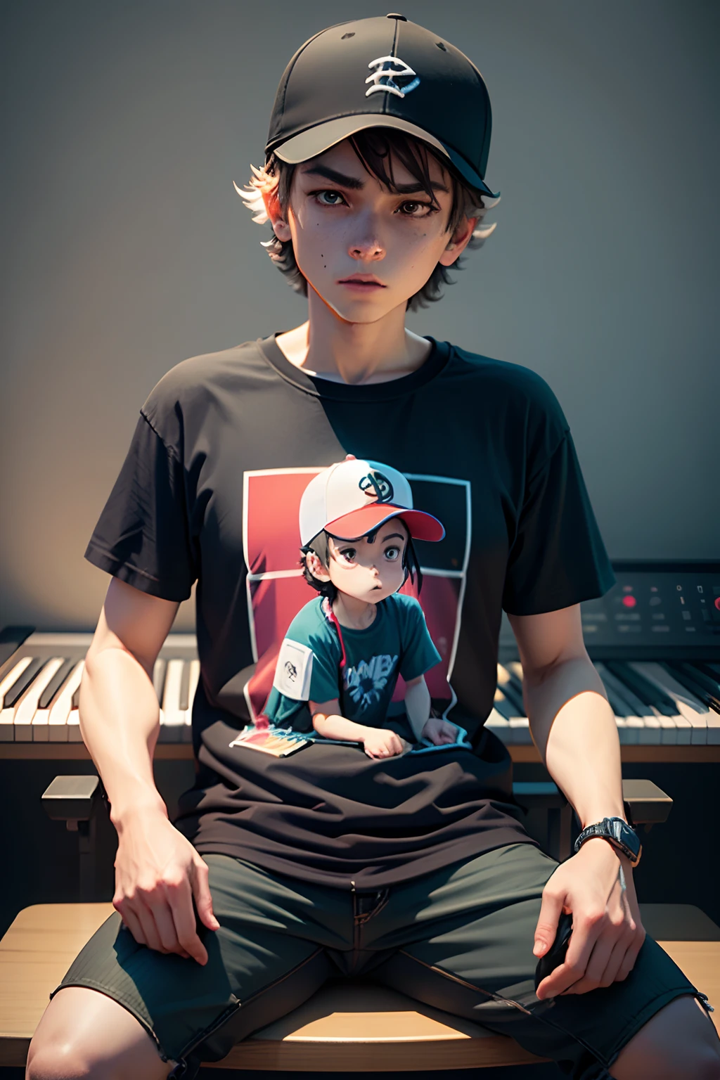 Game character design for an anime, a boy in a colorful tshirt and baseball hat, sitting in a synthesizer  colorful, minimal, dark, moody, dark colors  digital, flat Miyazaki  3d render, --ar 4:3 --auto