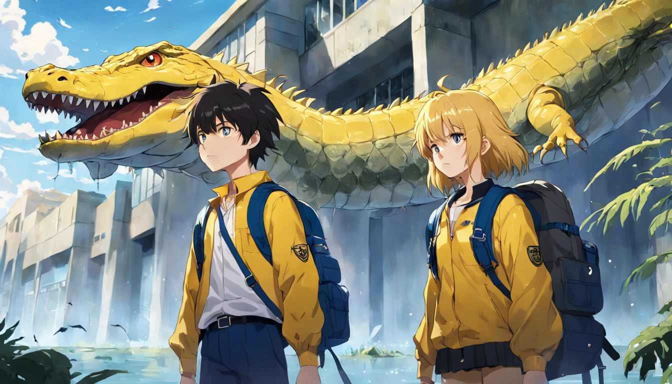 A boy with yellow backpack raised by alligators in high school , na escola , escola , escola , childrens , estudando , desenho anime