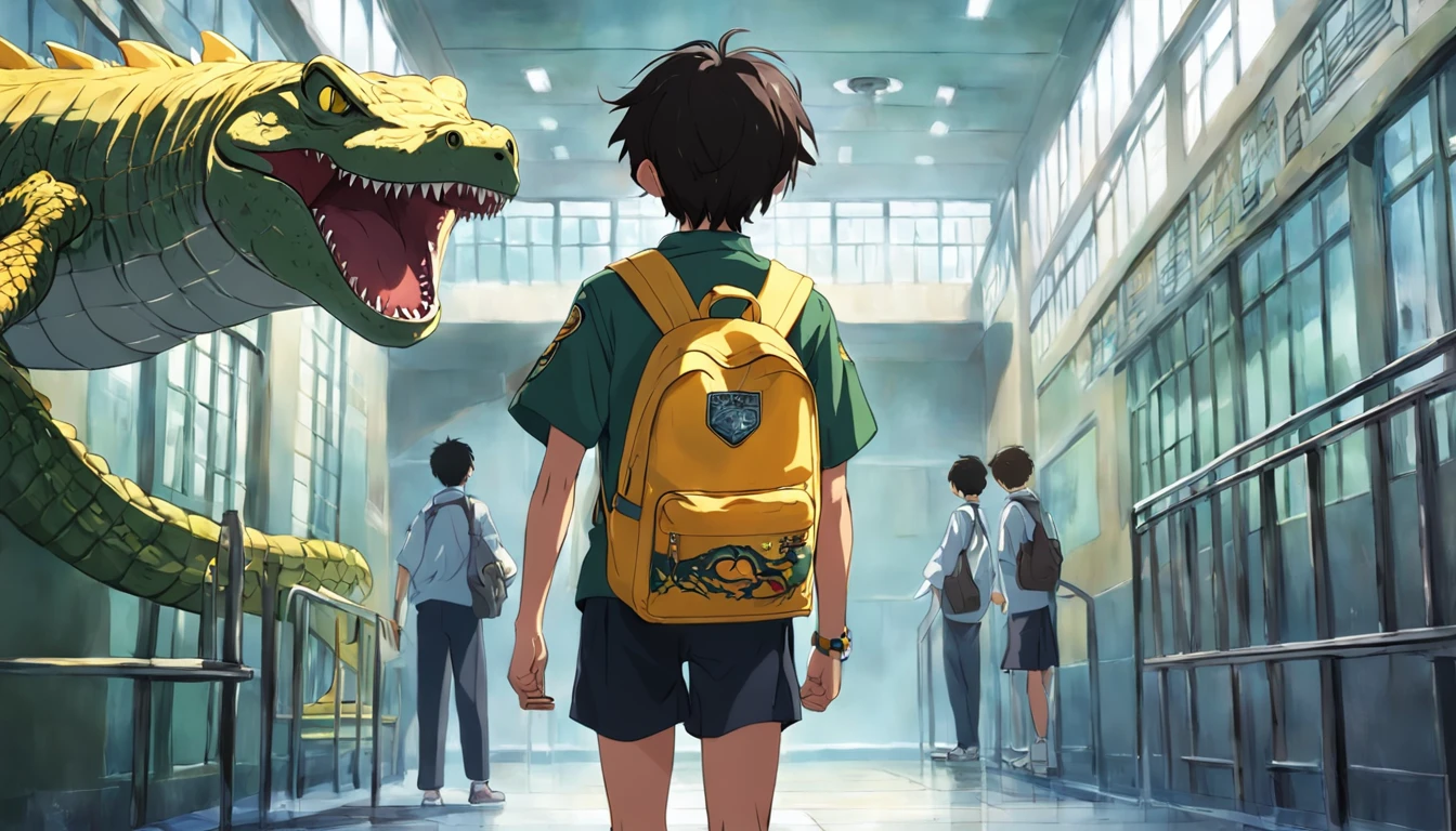 A boy with yellow backpack raised by alligators in high school , na escola , escola , escola , childrens , estudando , desenho anime