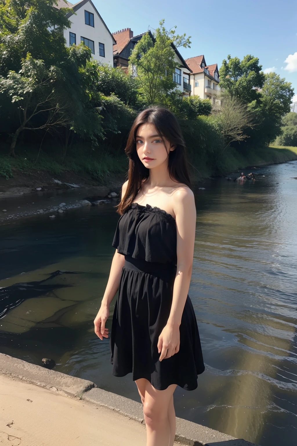 beautiful girl with blue eyes standing near a river bank