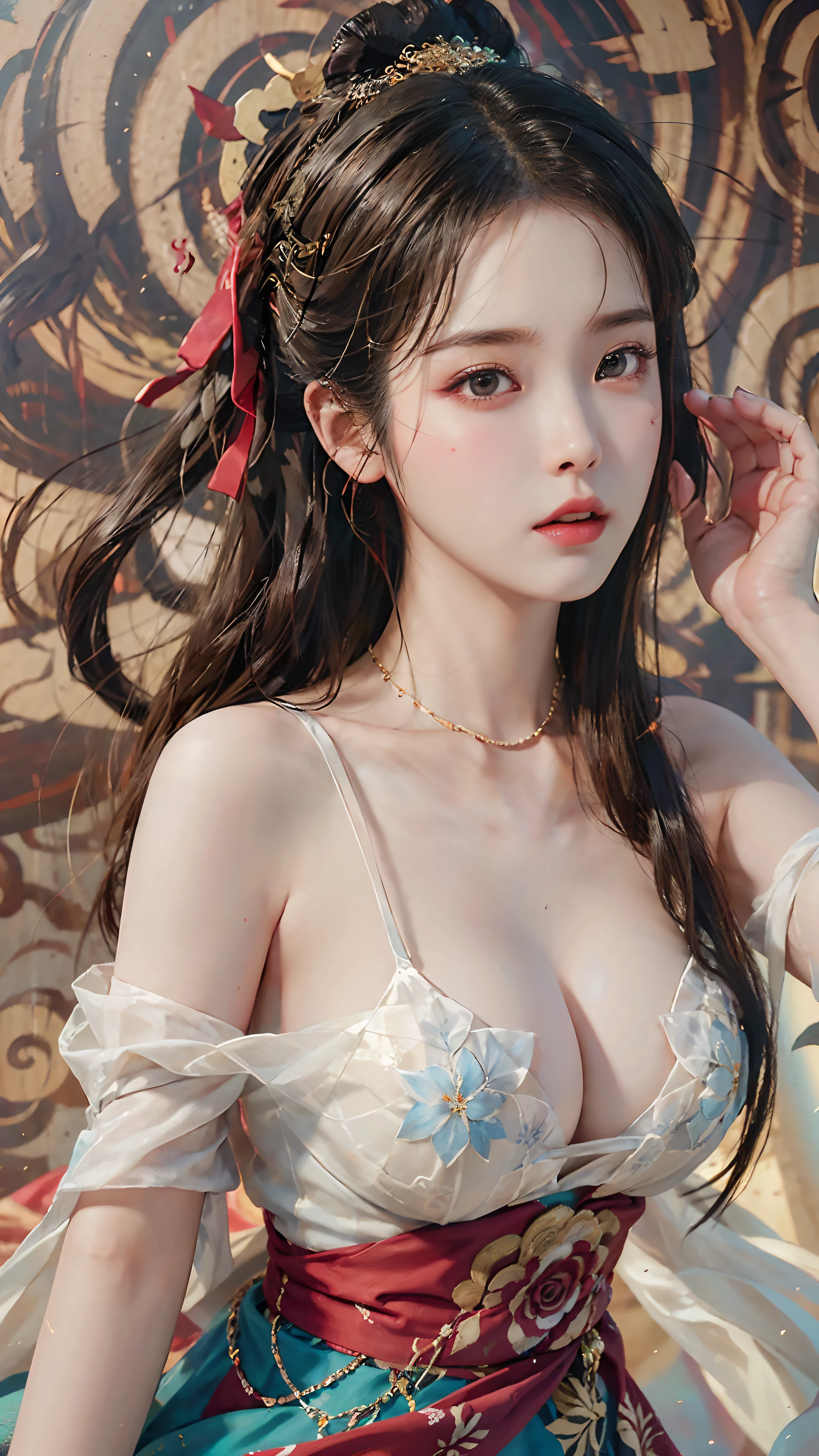 (original photo, Bestquality), (realistic, photo of-realistic:1.3 pcs), Bestquality, Extremely Detailed, a masterpiece、, Hyper-Detailed, illustration、, 1 a girl, (huge boobs,cleavage), dynamic angle, world mastery theater, cluttered_long_hair,Bestquality, extremely detailed CG unity 8k壁纸,ink,astonishing,movie lights,Lens_flare,dunhuang_style