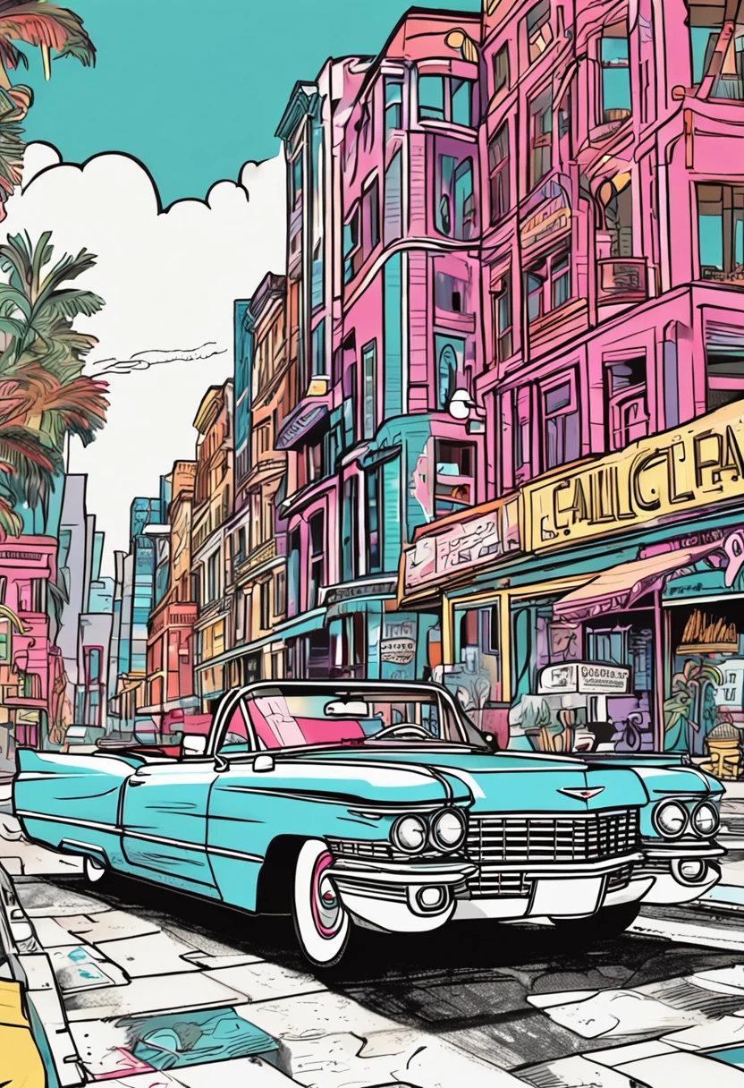 Classic Cadillac DeVille zoom out cruise down a glamorous city avenue colorful cartoon coloring book vibrant colors contrast zoom out unzoom