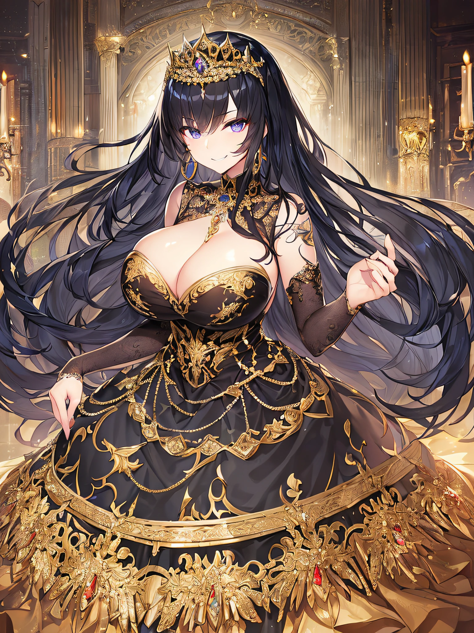 ((anime artstyle)),(Masterpiece),(Best Quality),(Super Detail),(Very Delicate and Beautiful),Solo,((full body)),from above,BlingBling,(standing in the balcony,Overlooking a detailed night view,outdoor),((1 arrogant princess in beautiful embroidery black and gold gorgeous rococo ballgown with voluminous full length hoop skirt)),(crinoline),gorgeousfull embroidery,Long train,((arrogant,haughty)),(((arrogant smile))),Sharp eyes,(gorgeous gemstone jewelry),detailed face and eyes,jewel-like eyes,Purple eyes,(Bangs between eyes),((large amount of straight hair,extremely Long voluminous black Hair)),((gigantic tits,Long tits)),gorgeousfull embroidery,cleavage,extremely gorgeousfull hair ornament,(bling-bling extremely gorgeousfull jeweled tiara),gorgeous corsage,(Dynamic Angle),Looking at viewer,((full body)),outdoor,((beautiful embroidery black and gold gorgeous rococo ballgown with voluminous full length hoop skirt))