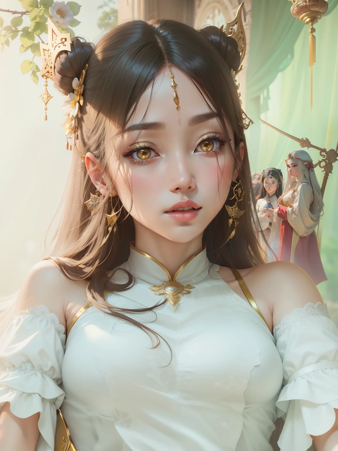 Portrait of a young 20-year-old saint, a saint with a beautiful and super cute face,Wearing a thin red dress with gold edging and glittering and sexy, Ao dai is studded with small sparkling pearls, beautiful cute face, Chinese cute doll, Ao dai with a deep slit in the chest and attractive black and white lace trim, beautiful face without blemishes, shut up, ((long hair seven colors rainbow:1.2)), big crown, hair brooch, hanfu dress, chinese ancient style, full body jewelry, forehead tattoo, The female saint's breasts are round and very full, breast augmentation, innocent face, The most beautiful and detailed light red lipstick, ((Thin plump lips:0.3)), ((Golden eyes:1.2)), The eyes are delicately decorated,(white and detailed) cinematic, light and dark, dramatic lighting, magical light, extremely detailed light, true color, super sharp, realistic, 8k quality, fantasy universe background, saints and magical space, the most detailed images, Solo, a saintess, ((looking directly at the saint's upper body:0.4)), ((smooth skin:0.5)), Extremely detailed pixels, super true, extremely detailed and complex graphics, the highest resolution, close-up
