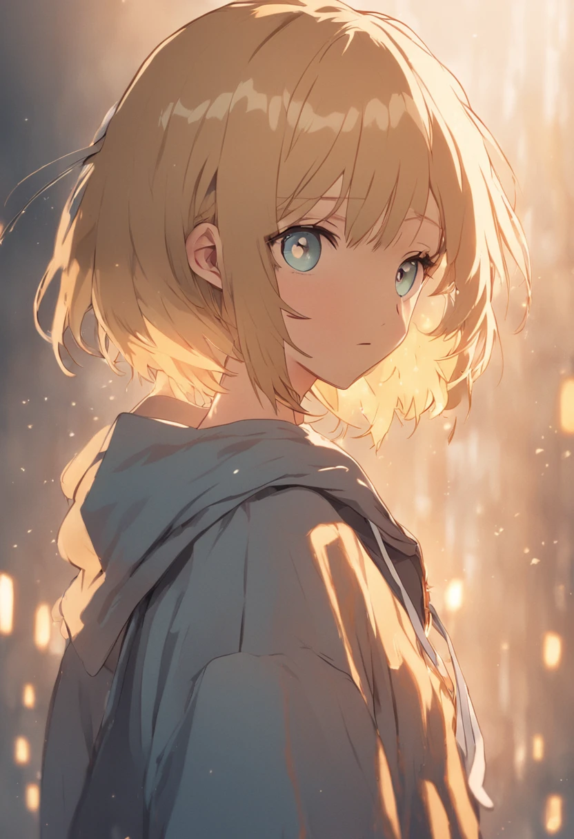 blonde eyes、Girl with a short cut outside splash with braids above the ears、Golden eyes with light brown hair、Blue ribbon、Wearing a hoodie over a Y-shirt、thin ribbon at chest,、Unsupervised、Female protagonist