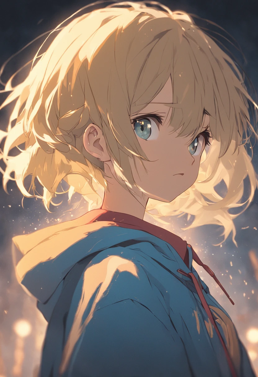 blonde eyes、Girl with a short cut outside splash with braids above the ears、Golden eyes with light brown hair、Blue ribbon、Wearing a hoodie over a Y-shirt、thin ribbon at chest,、Unsupervised、Female protagonist