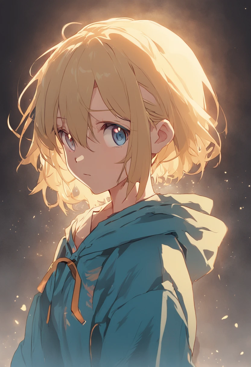 blonde eyes、Girl with a short cut outside splash with braids above the ears、Golden eyes with light brown hair、Blue ribbon、Wearing a hoodie over a Y-shirt、thin ribbon at chest,、Unsupervised、Female protagonist