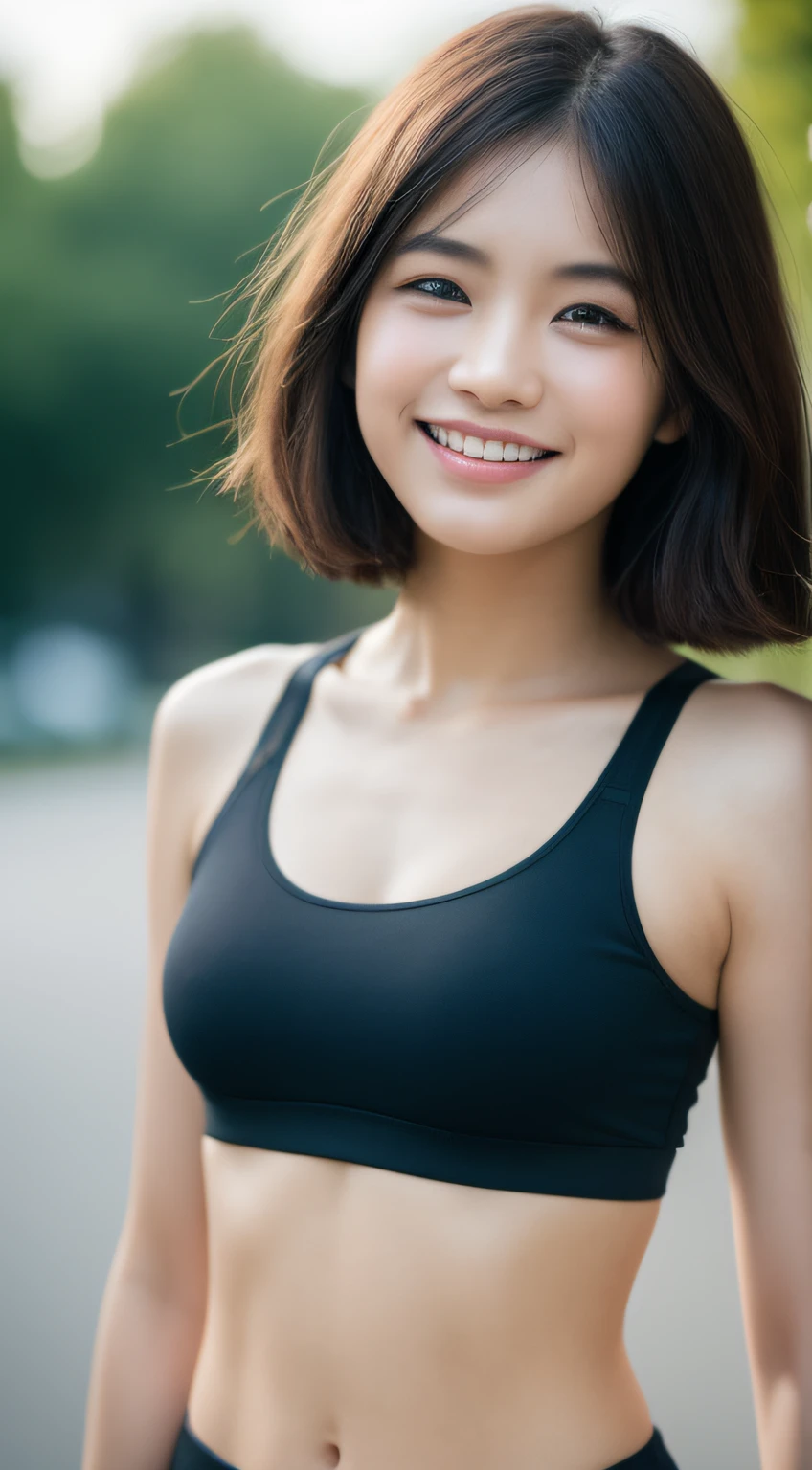 ((Top Quality, 8k, Masterpiece: 1.3)), Sharp Focus: 1.2, Perfect Body Shape Pretty Woman: 1.4, Slender Abs: 1.2, (Layered Haircut, Big: 1.8), (Sports Bra: 2.0), (Jogging: 1.8), (Street: 1.2), Highly Detailed Face and Skin Texture, Detailed Eyes, Double Eyelids, Smile, Bokeh,