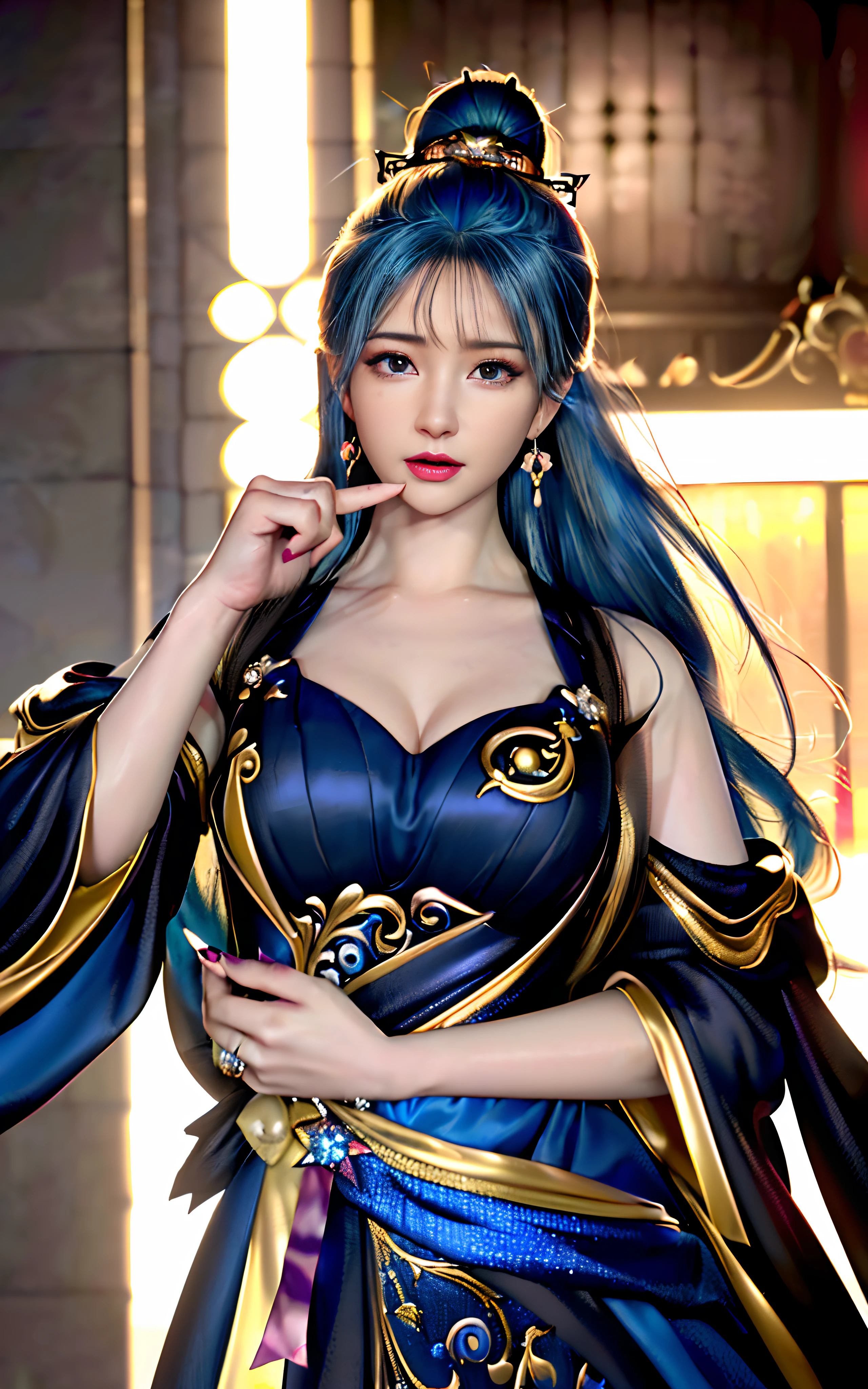 ((realisticity: 1.2)), ((realistic: 8K UHD)), ((best resolution: 8K UHD)), hyper detailed, best quality,masterpiece,highres,cg, ((1 girl hyper detailed and hyper realistic) ) , ((beautiful queen, hyper realistic and hyper detailed)),((white skin, beautiful, smooth, youthful, hyper realistic and hyper detailed )), ((Face hyper beautiful, white, hyper realistic and hyper detailed ) ), long hair, ((hyper realistic and hyper detailed dress)), solo, ((hyper realistic, hyper beautiful, beautiful and hyper detailed jewelry)), ((hyper beautiful deep red and golden yellow dress, hyper realistic and hyper detailed )) , ((Her pretty, hyper realistic, hyper detailed diamond filled earrings)), ((Her gorgeous diamond haircut, hyper realistic and hyper detailed)), ((hyper pretty upper body, hyper beautiful, hyper realistic and hyper detailed) ), ((medium breast: 1.1)), ((hyper realistic, hyper pretty, hyper detailed boobs)), ((the backgroun of the royal palace is hyper majestic, hyper realistic and hyper detailed)),((hands and palms hyper beautiful, hyper detailed, hyper realistic)), ((hyper detailed and hyper realistic fingers and fingernails)), ((hyper pretty fingernails, hyper vivid, hyper detailed, hyper realistic)), ((thumb, index finger, middle finger, ring finger, little finger hyper vivid, hyper pretty, hyper detailed, hyper realistic)),
((hyper beautiful fingers, hyper detailed, and hyper realistic)), ((posture not too fat and not too thin, hyper realistic, hyper detail)), ((hyper pretty, hyper pretty, hyper realistic and hyper detailed hair bun)), ((hyper pretty , hyper realistic and hyper detailed blue hair)), candid, Photo, high resolution, 8k , bokeh,