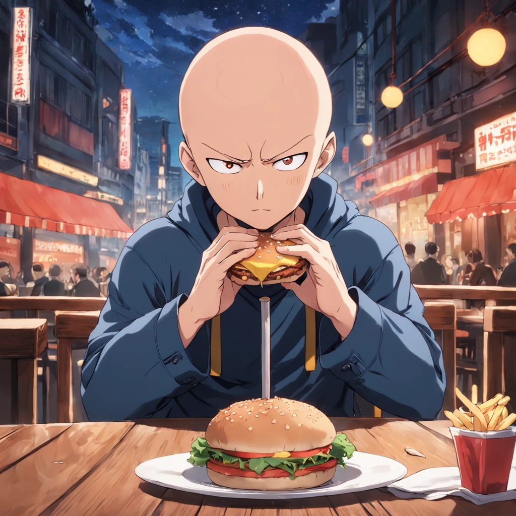 Step into the world of One Punch Man and bring to life an endearing moment as the iconic anime character, Saitama, enjoys a hamburger in a cozy restaurant. Capture his distinctive appearance and nonchalant demeanor, evoking the charm and humor of the series while highlighting the simple joy of indulging in a meal