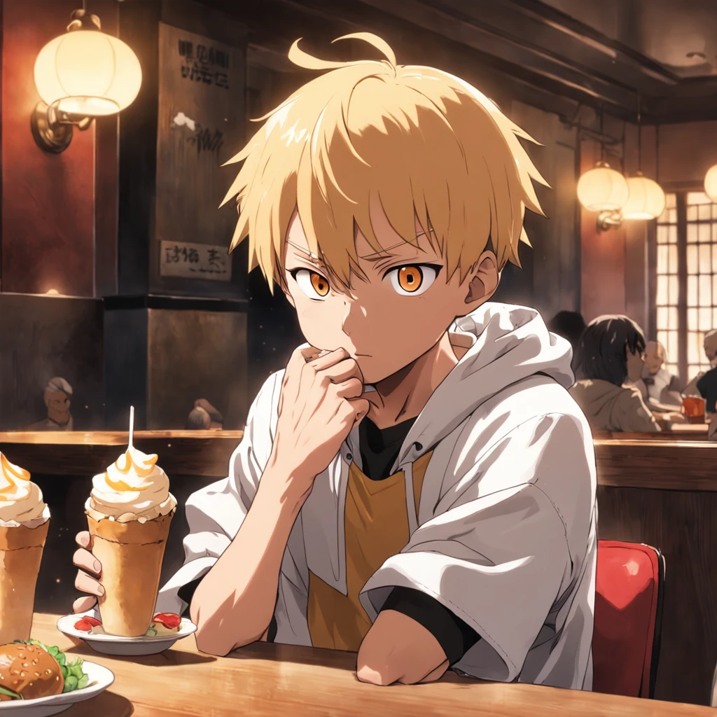 Step into the world of One Punch Man and bring to life an endearing moment as the iconic anime character, Saitama, enjoys a hamburger in a cozy restaurant. Capture his distinctive appearance and nonchalant demeanor, evoking the charm and humor of the series while highlighting the simple joy of indulging in a meal