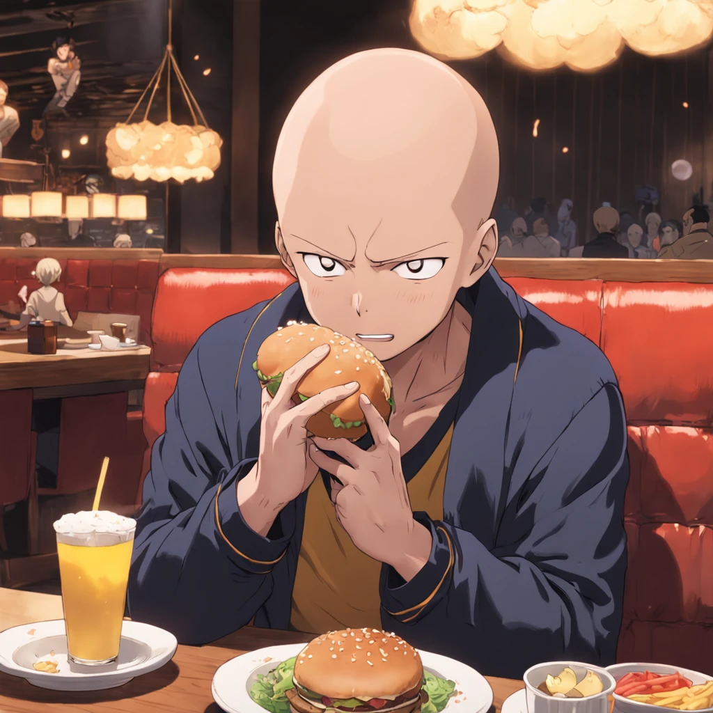Step into the world of One Punch Man and bring to life an endearing moment as the iconic anime character, Saitama, enjoys a hamburger in a cozy restaurant. Capture his distinctive appearance and nonchalant demeanor, evoking the charm and humor of the series while highlighting the simple joy of indulging in a meal