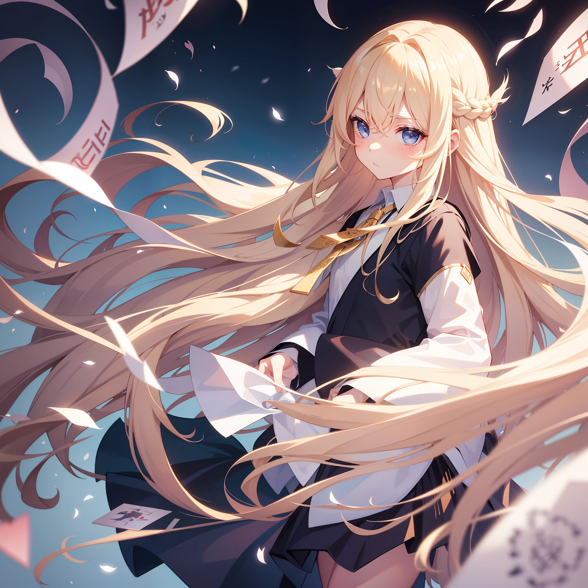 Long blonde hair and chest,Long hair is scattered and fluttering,Spirit blue eyes,Wearing a pale pink school uniform,a black skirt,Stuck with the issuing card,Roll up one sleeve,sneering