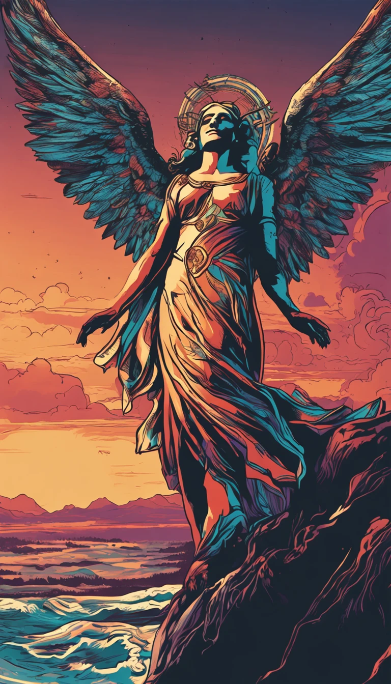 Vector printing of celestial angel T-shirts Greek-style art fused into an epic, imagem detalhada. Mastery in quality and lighting. Stunning and impactful scenery. Dynamic and powerful action. Efeitos de sombra e luz melhorados. High resolution masterpiece. State-of-the-art CG art. Incredible and immersive result.+",fundo preto ,Arte PNG