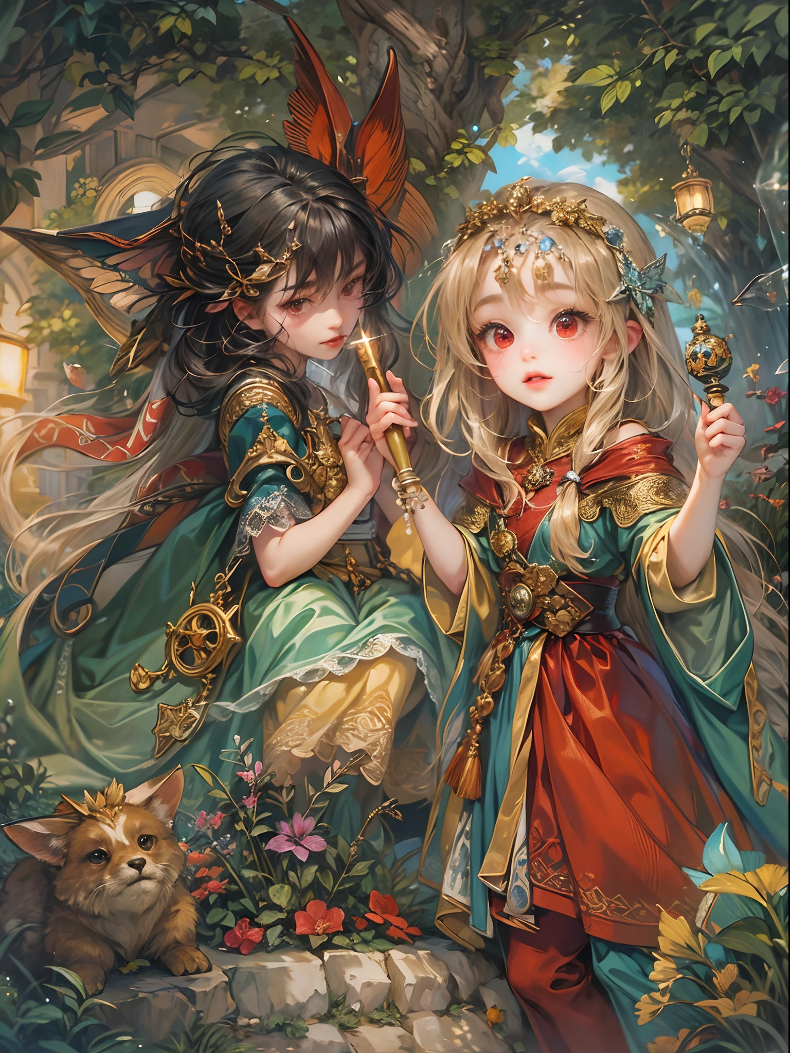 (absurdres, highres, ultra detailed, HDR), masterpiece, best quality, legend of mana character, heroine, detailed face, beautiful face with decorative detailed hair ornament, seraphina talking to a little black haired faerie with red eyes with magic wand outside academy of geo, detailed character, detailed outdoor academy of magic, witch school, detailed backdrop